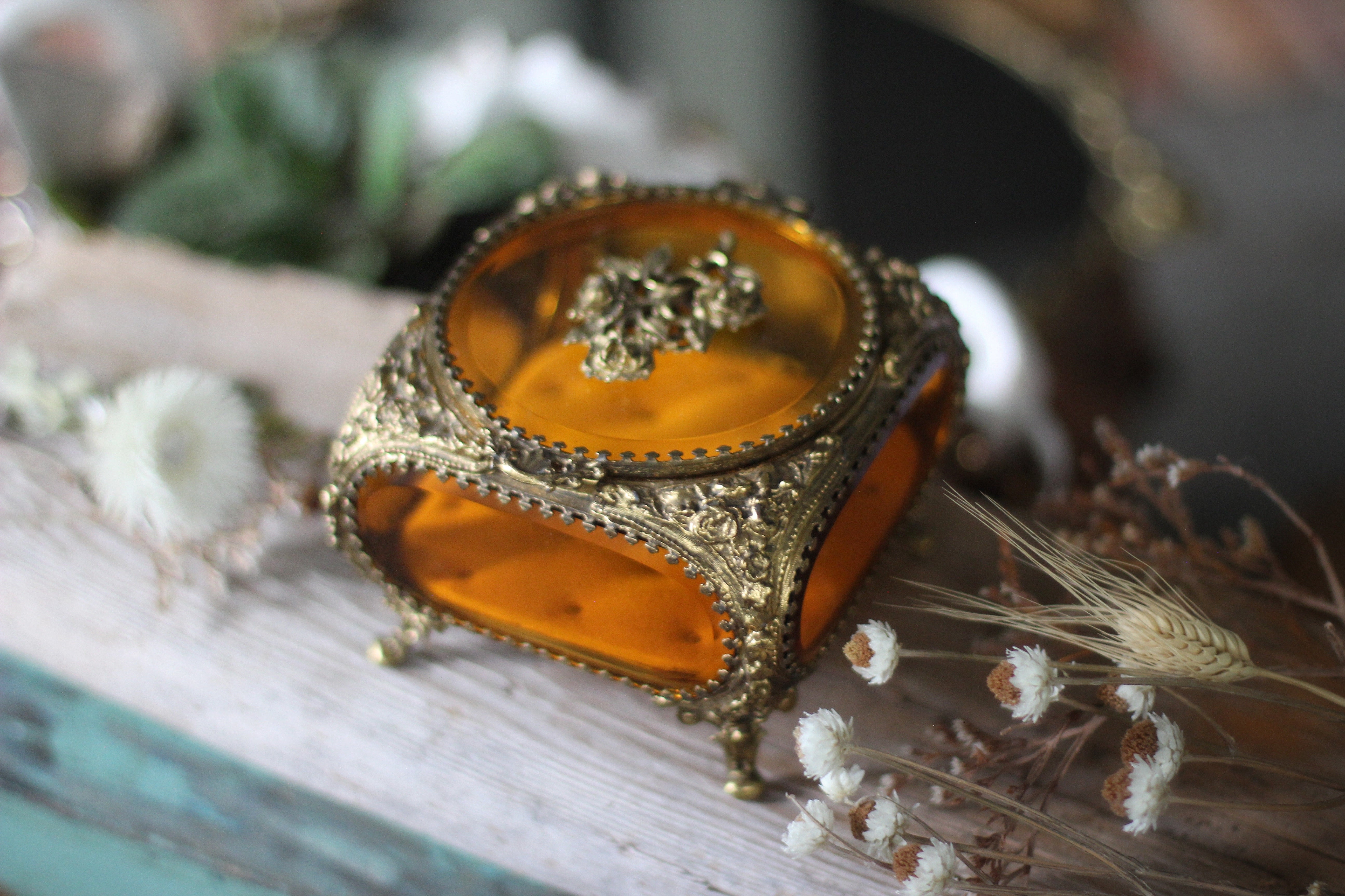 Antique French Victorian Amber Glass Jewelry Box