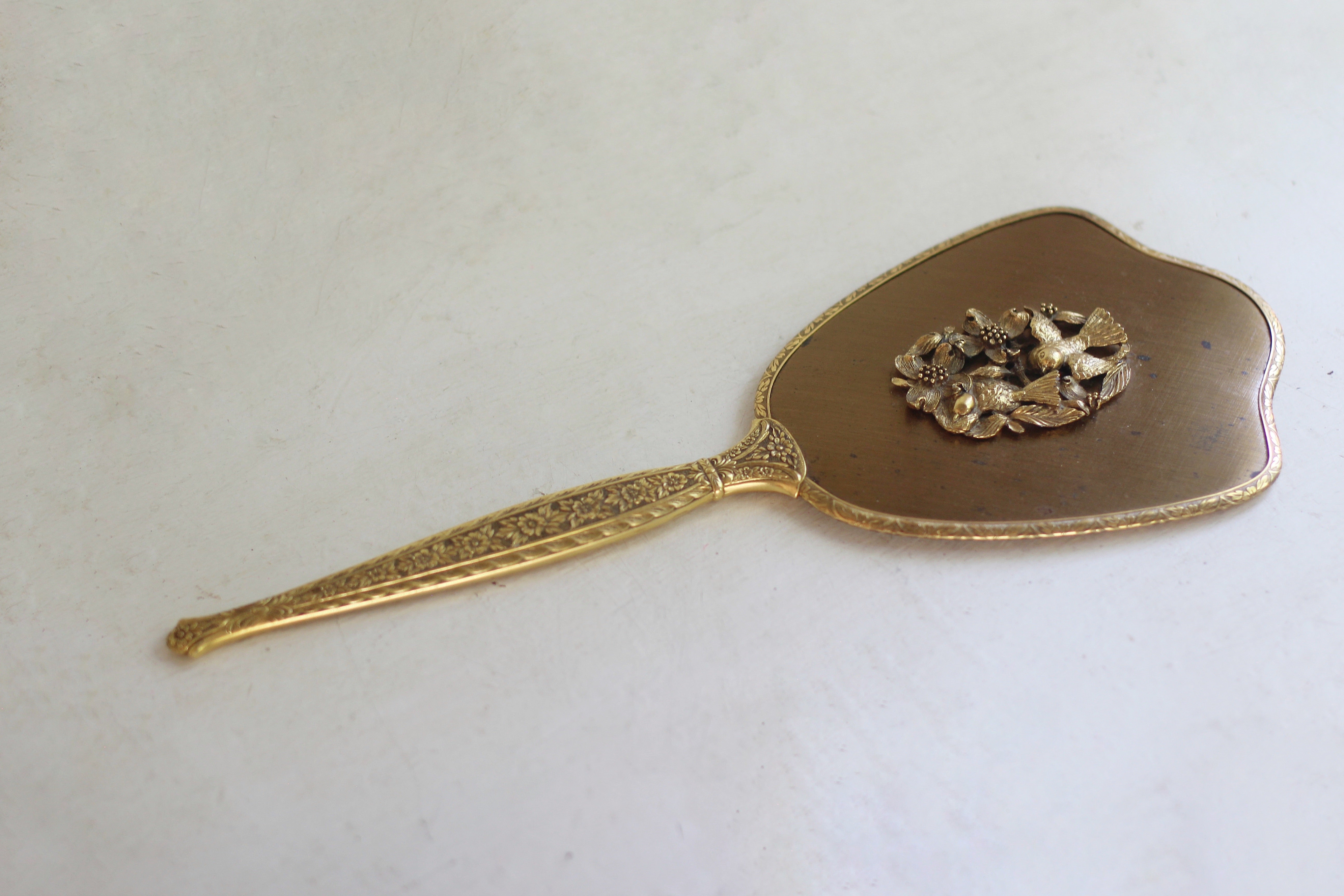 Antique Bronze Matson Birds Hand Mirror