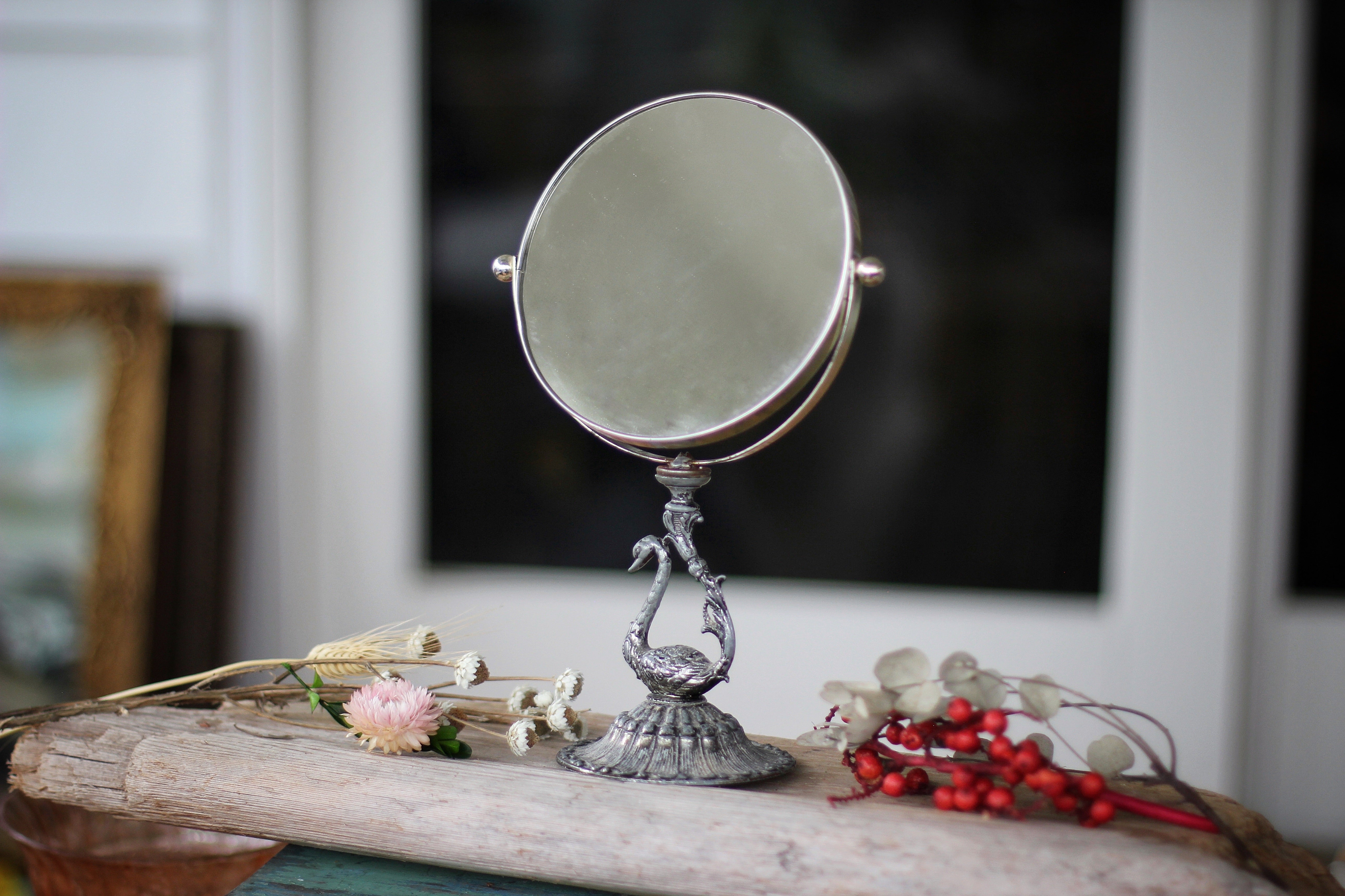 Vintage Silver Bird Vanity Pedestal Mirror on Base 2 Sided Magnifier