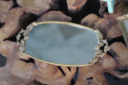 Antique Floral Bronze Filigree Mirror Tray