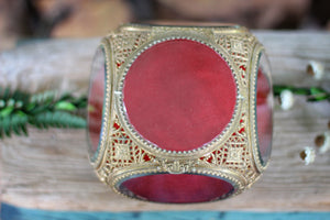 Antique Red Velvet Filigree Glass Jewelry Box
