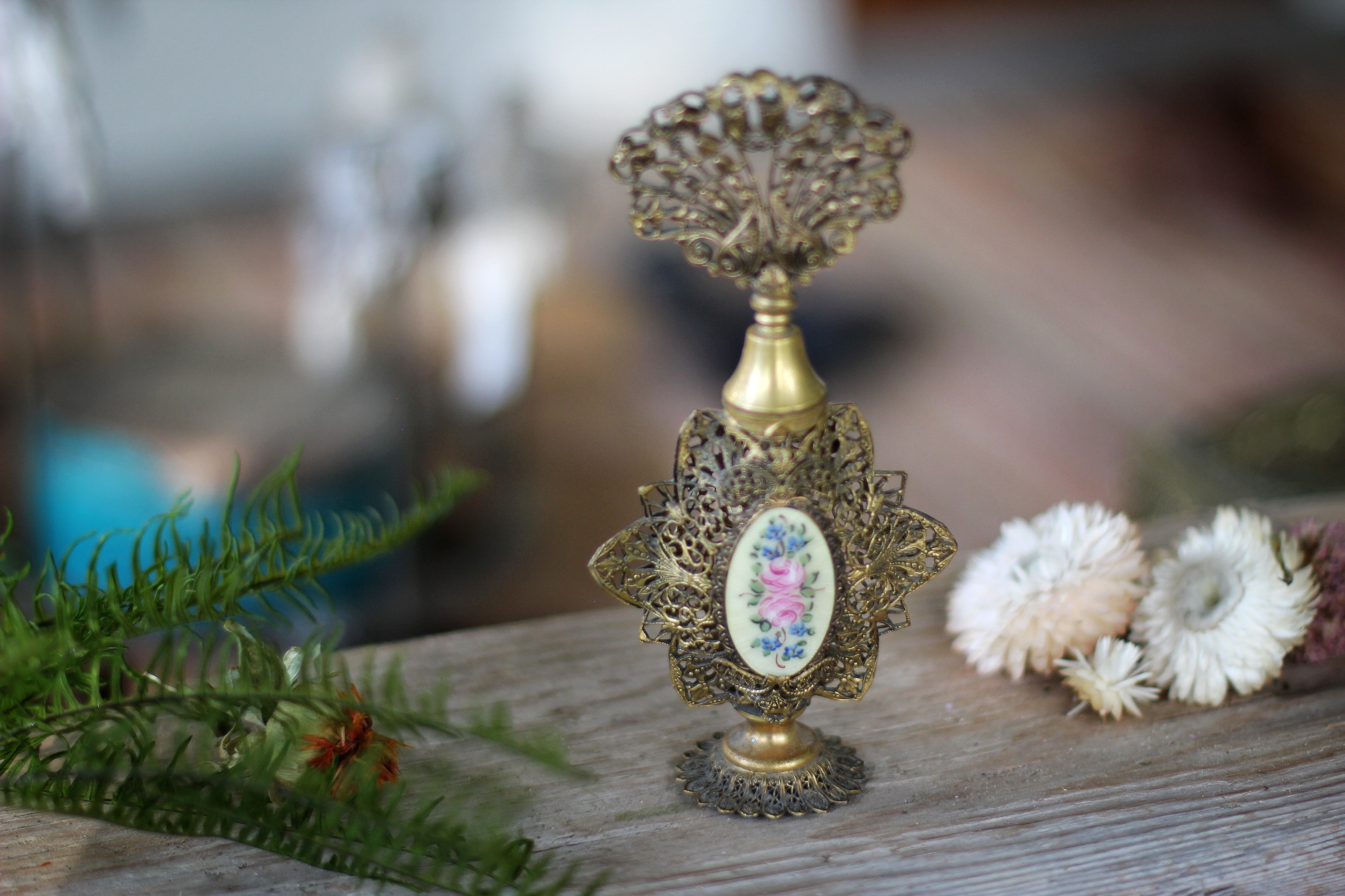 Antique Floral Bronze Filigree Perfume Bottle