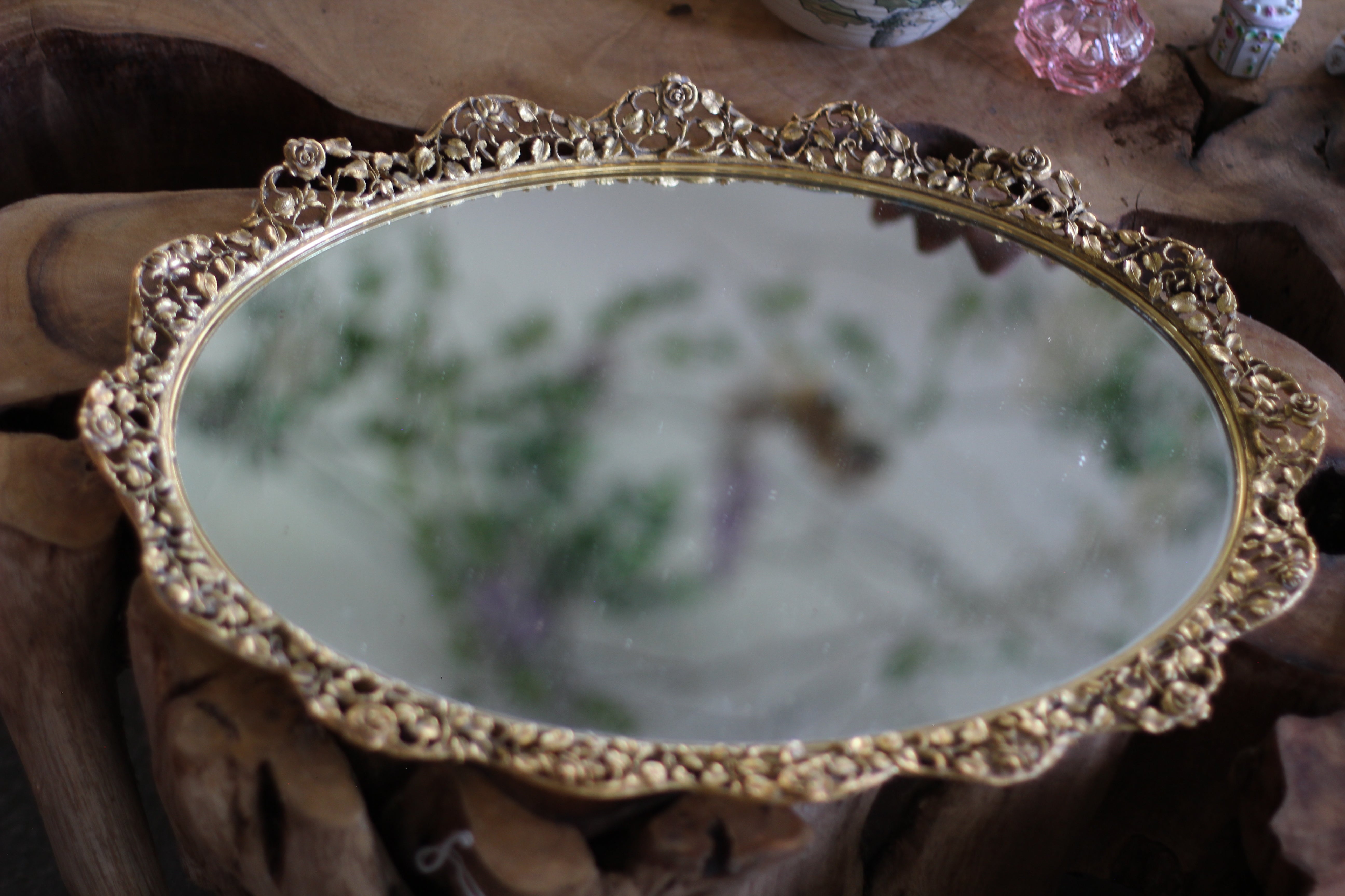 Antique Large Floral Roses Mirror Tray