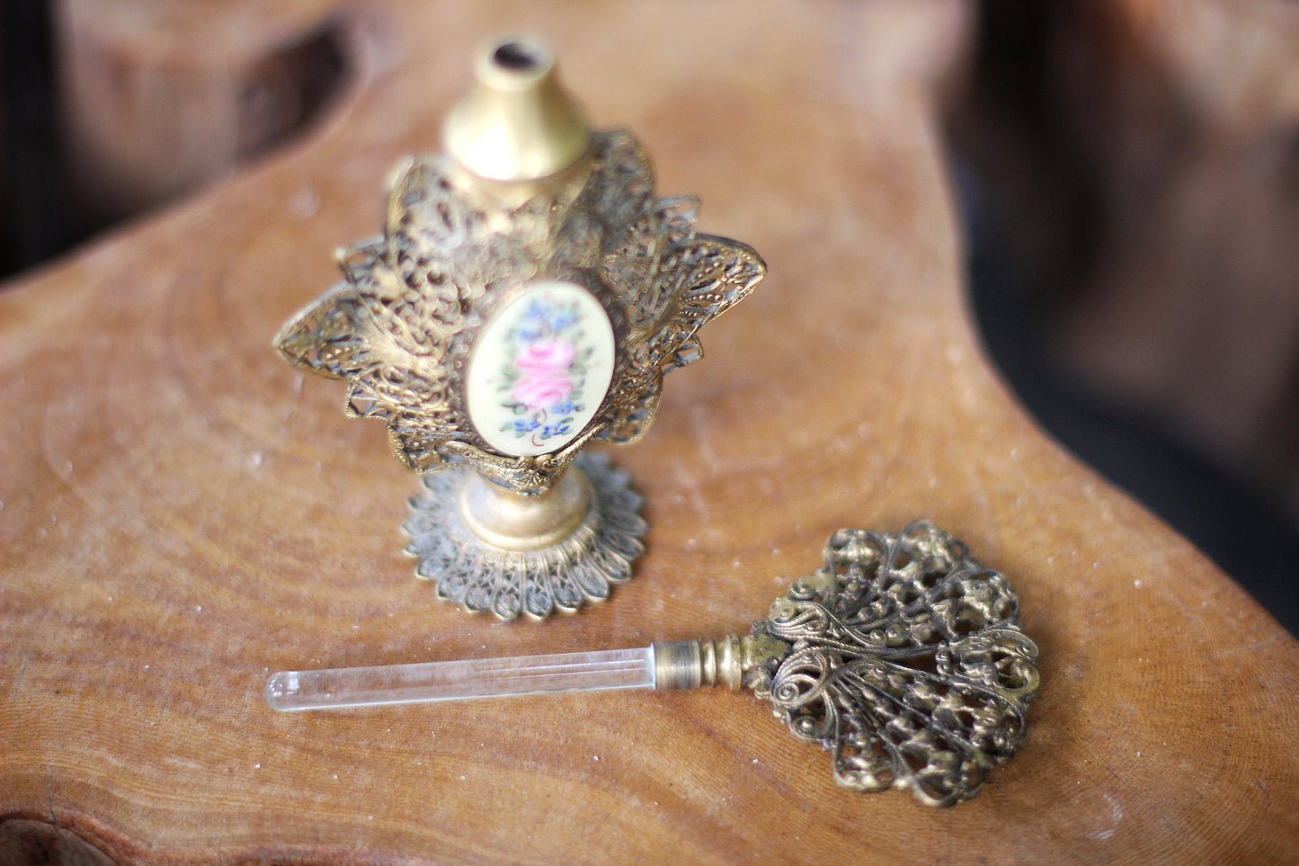 Antique Floral Bronze Filigree Perfume Bottle