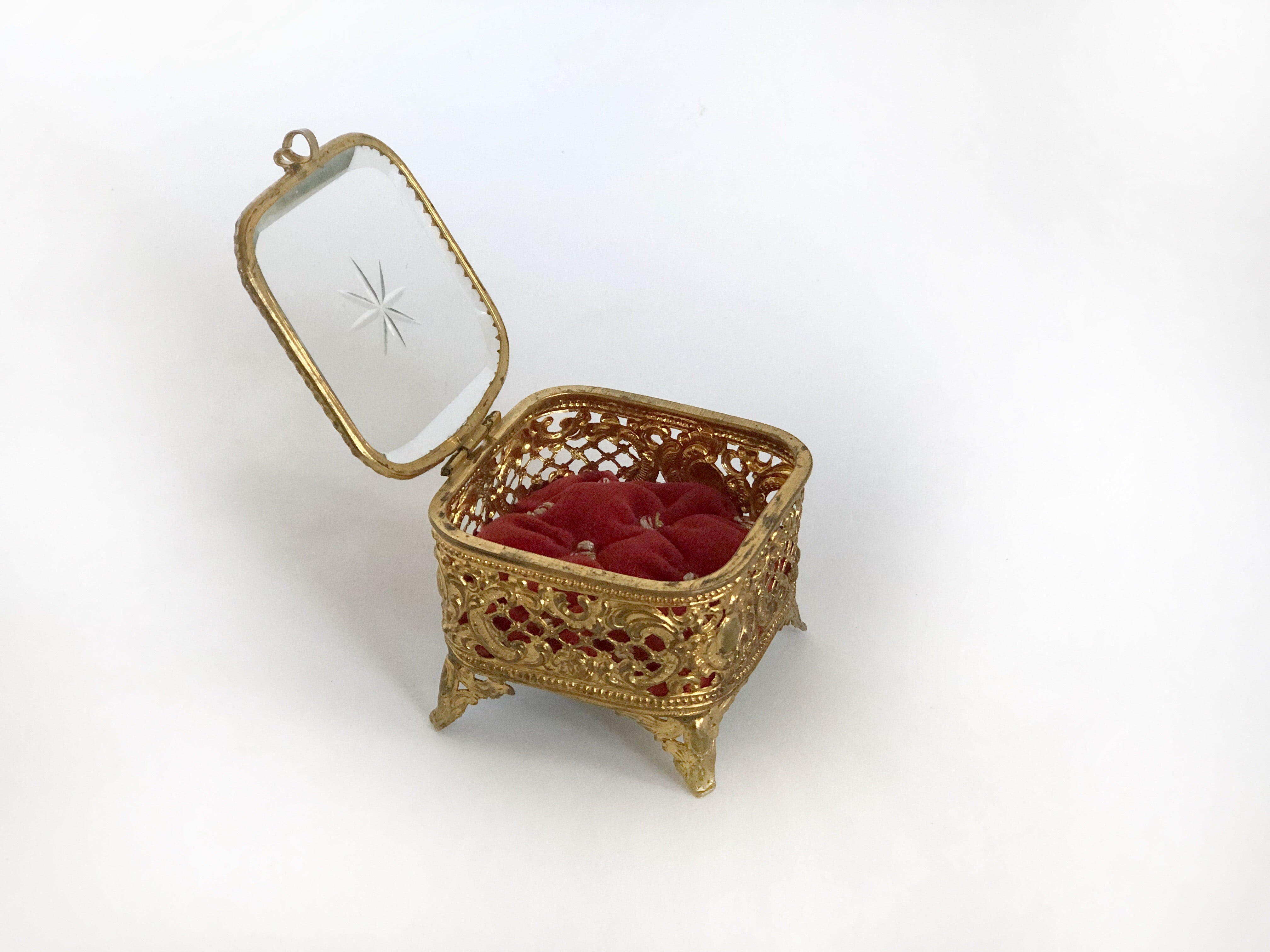 Tiny Red Tufted Vintage Jewelry Box