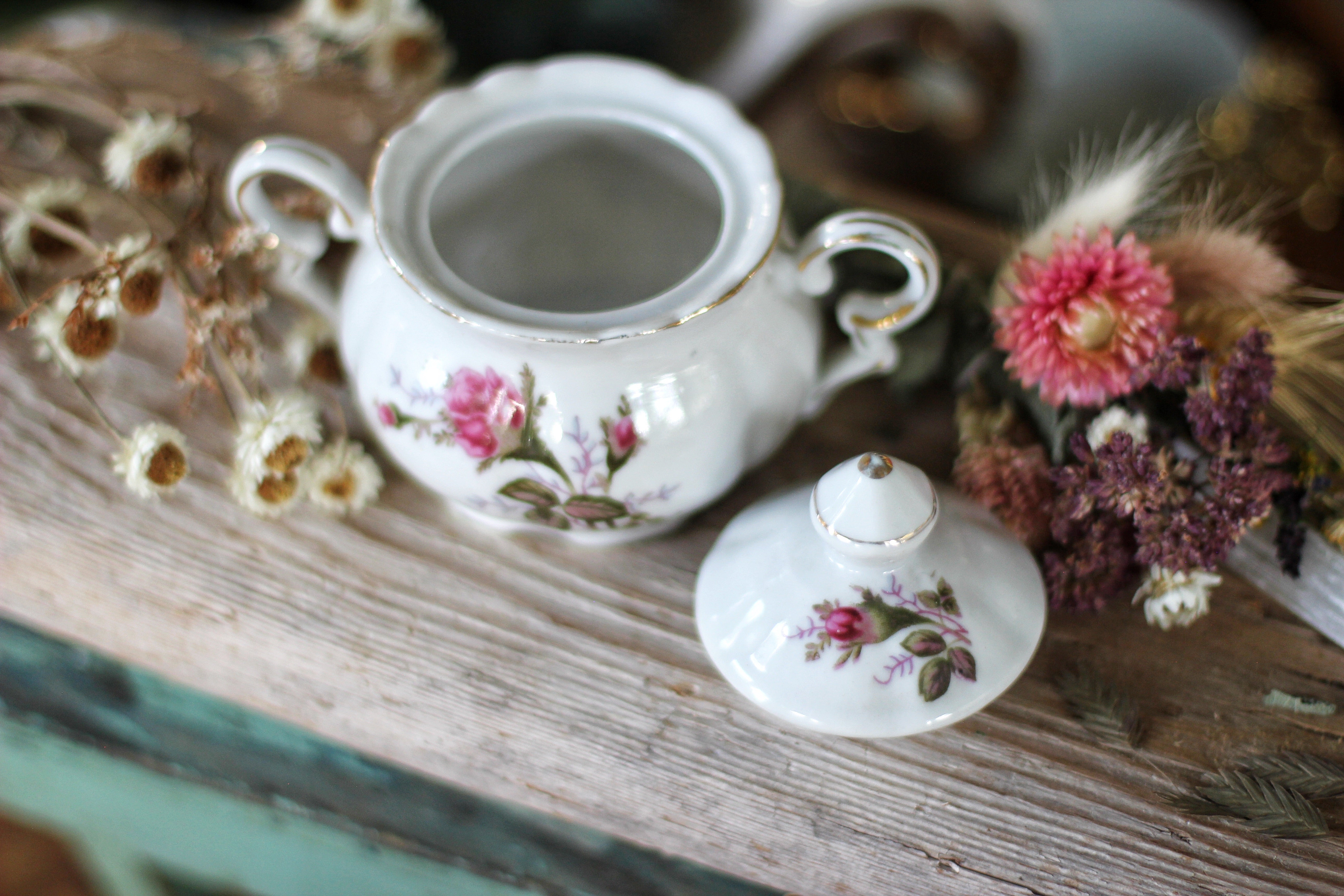 Antique Floral Rose Porcelain Sugar Bowl