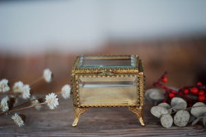 Vintage Small Ormolu Beveled Glass Jewelry Box