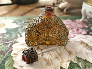 Antique Bronze Filigree Crystals Miniature Perfume Bottle