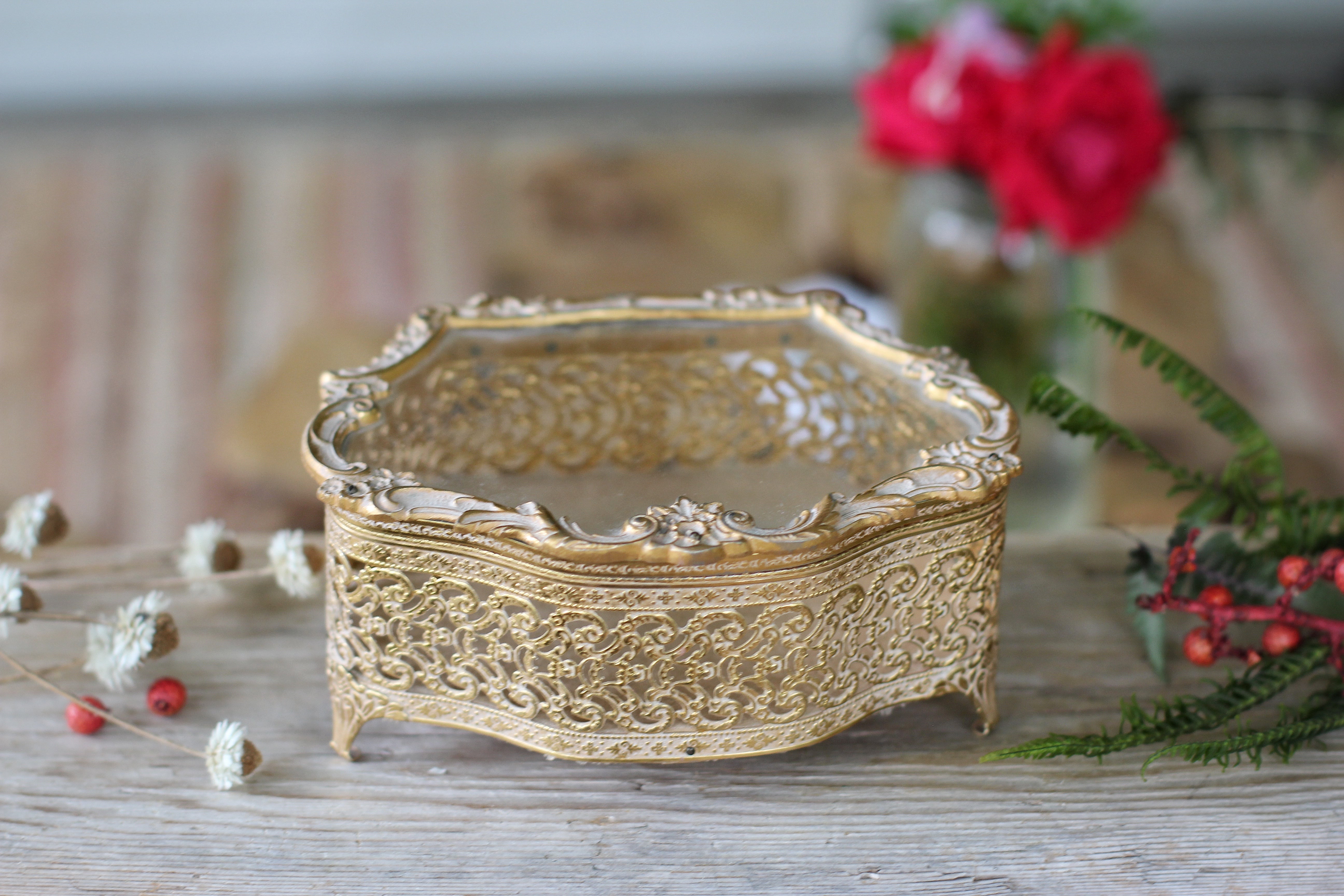 Antique Gilded Gold Filigree Jewelry Box