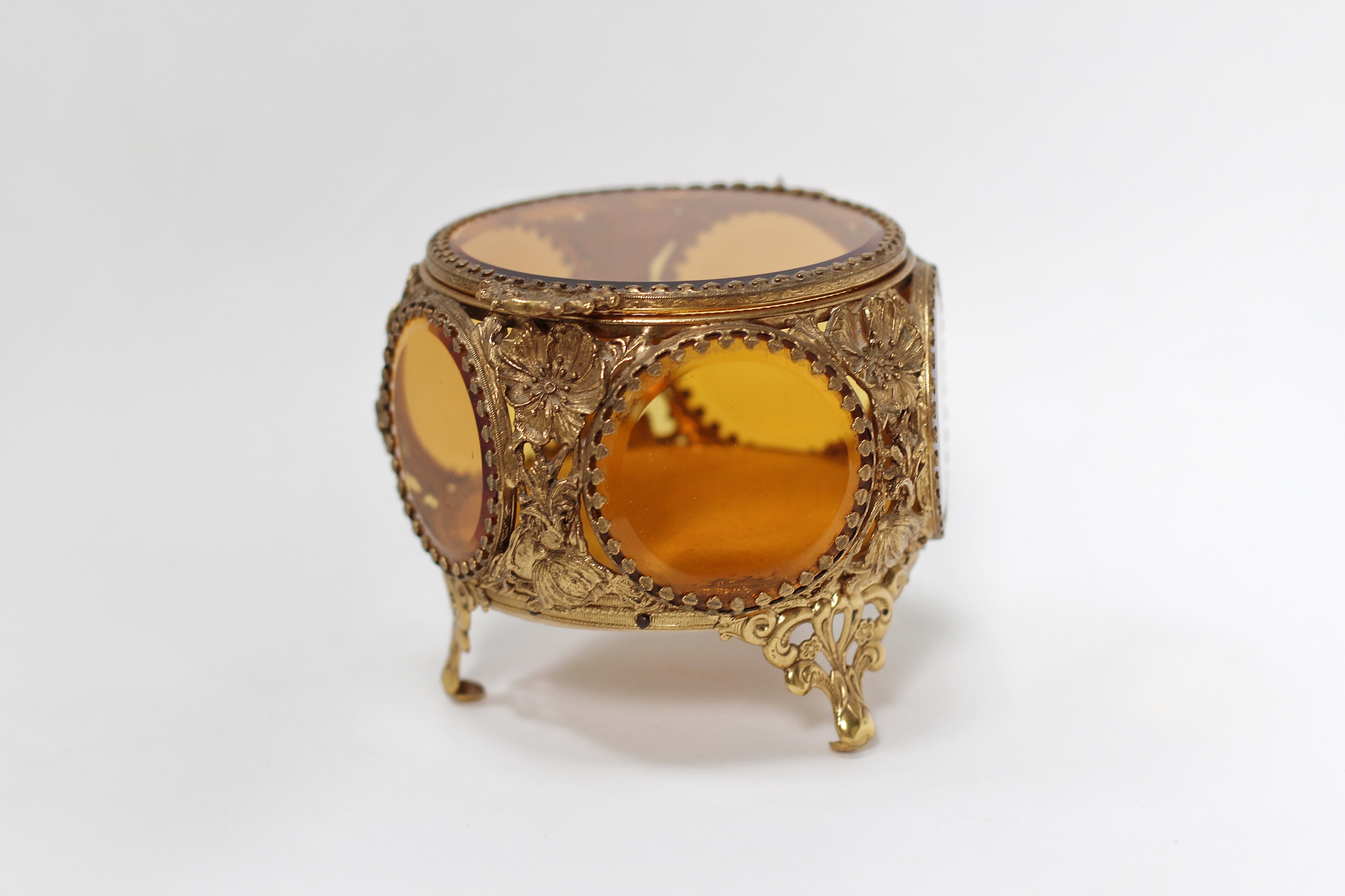 Antique Floral Filigree Amber Tinted Glass Jewelry Box