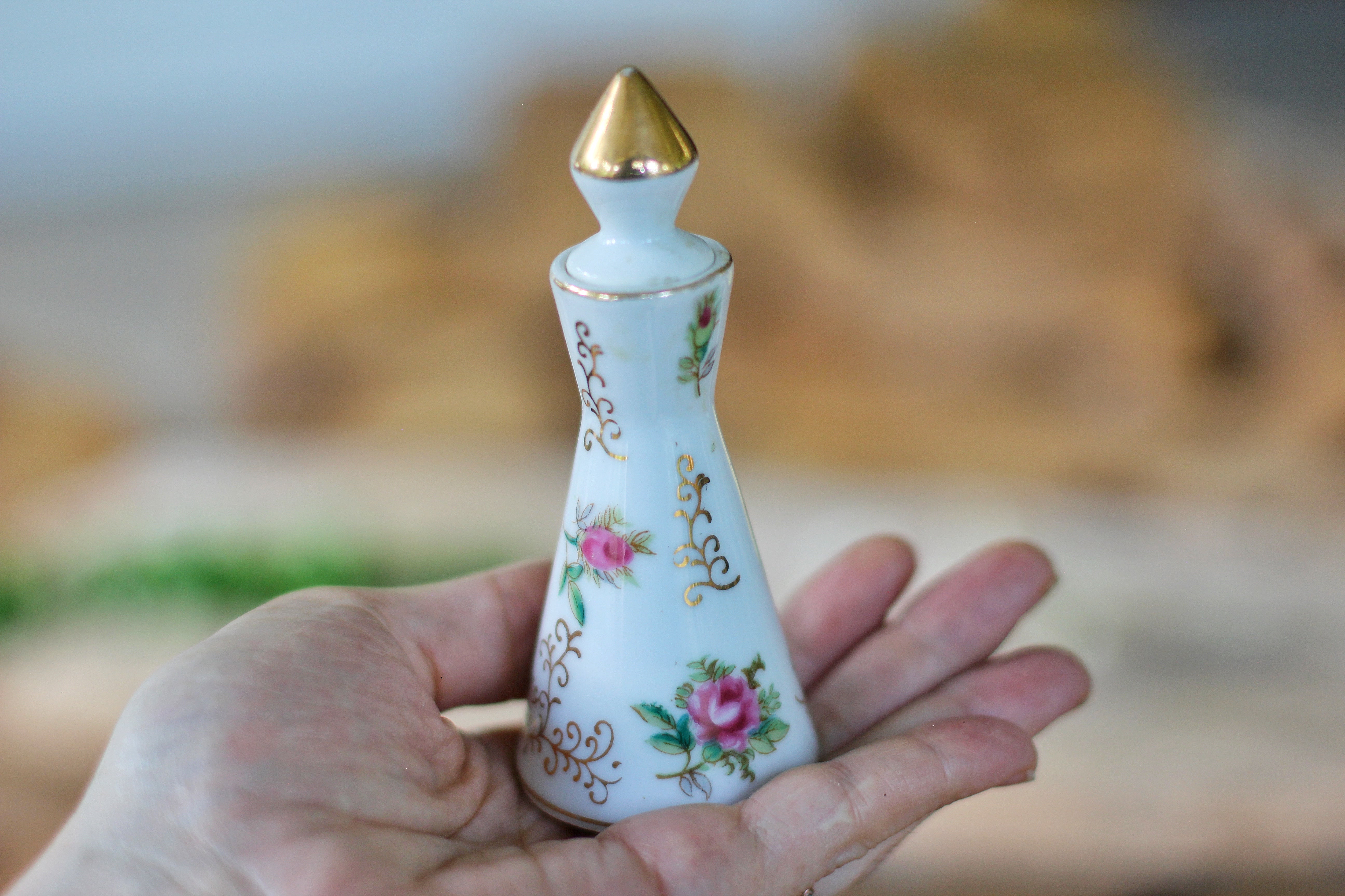 Antique Irice Tall Floral Porcelain Perfume Bottle