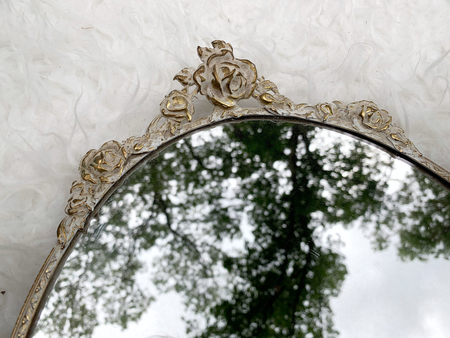 Antique White Gold Floral Rose Vanity Mirror