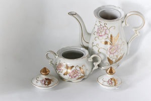 Antique Tea Pot & Sugar Bowl Pink Gold Flowers Tea Cup