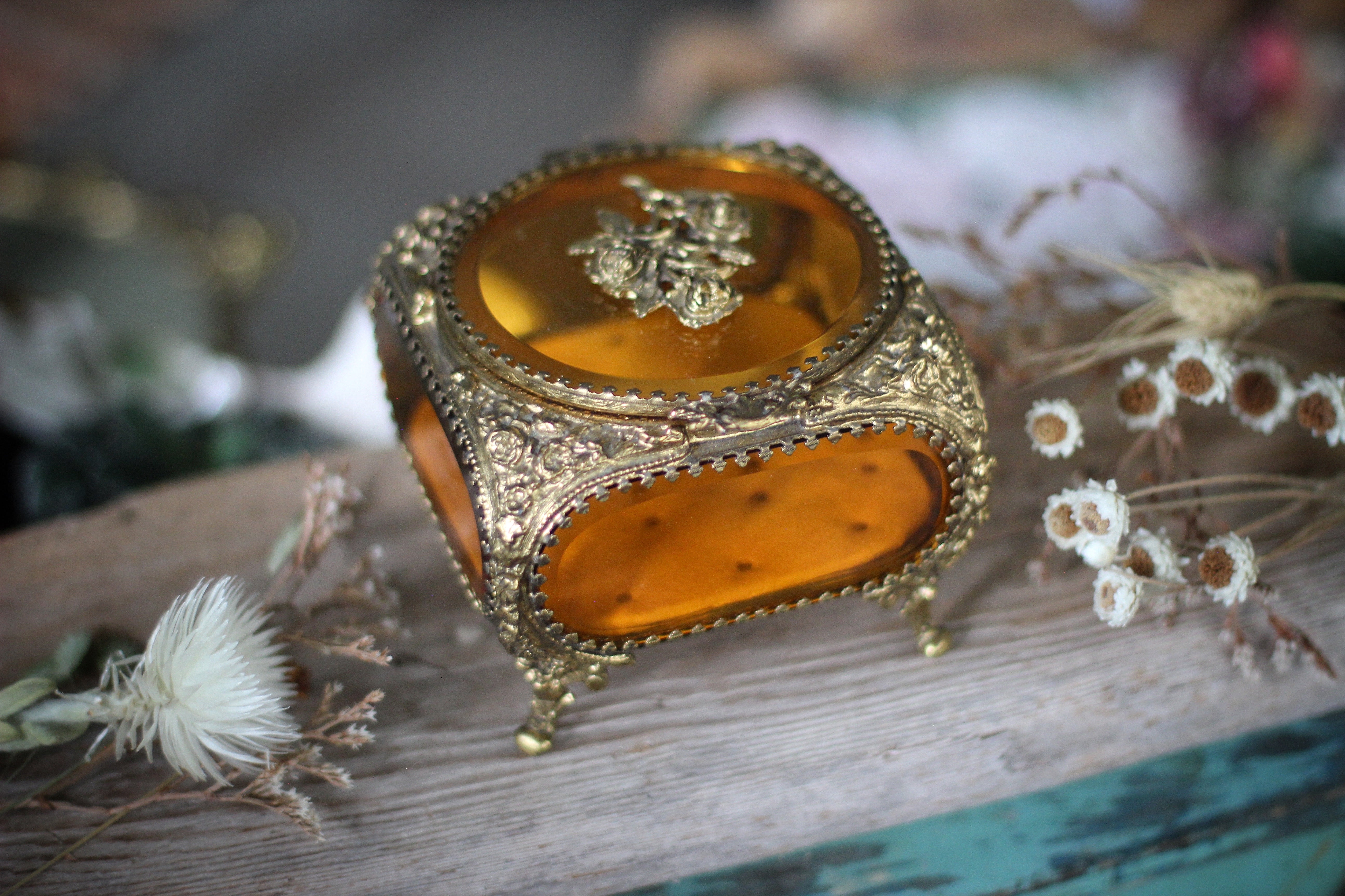 Antique French Victorian Amber Glass Jewelry Box
