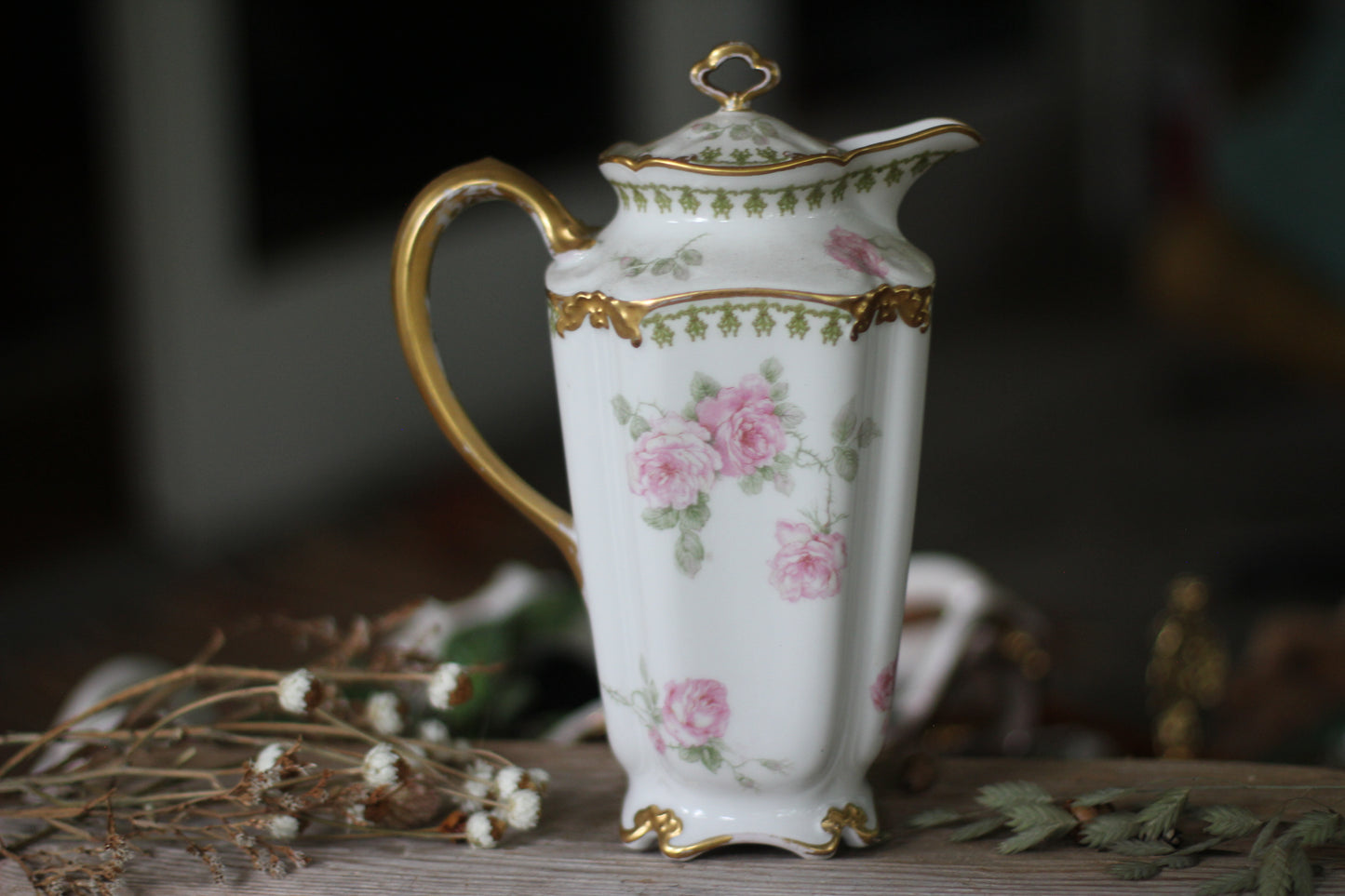 Vintage Limoges Floral Leaves Porcelain Tea Pot