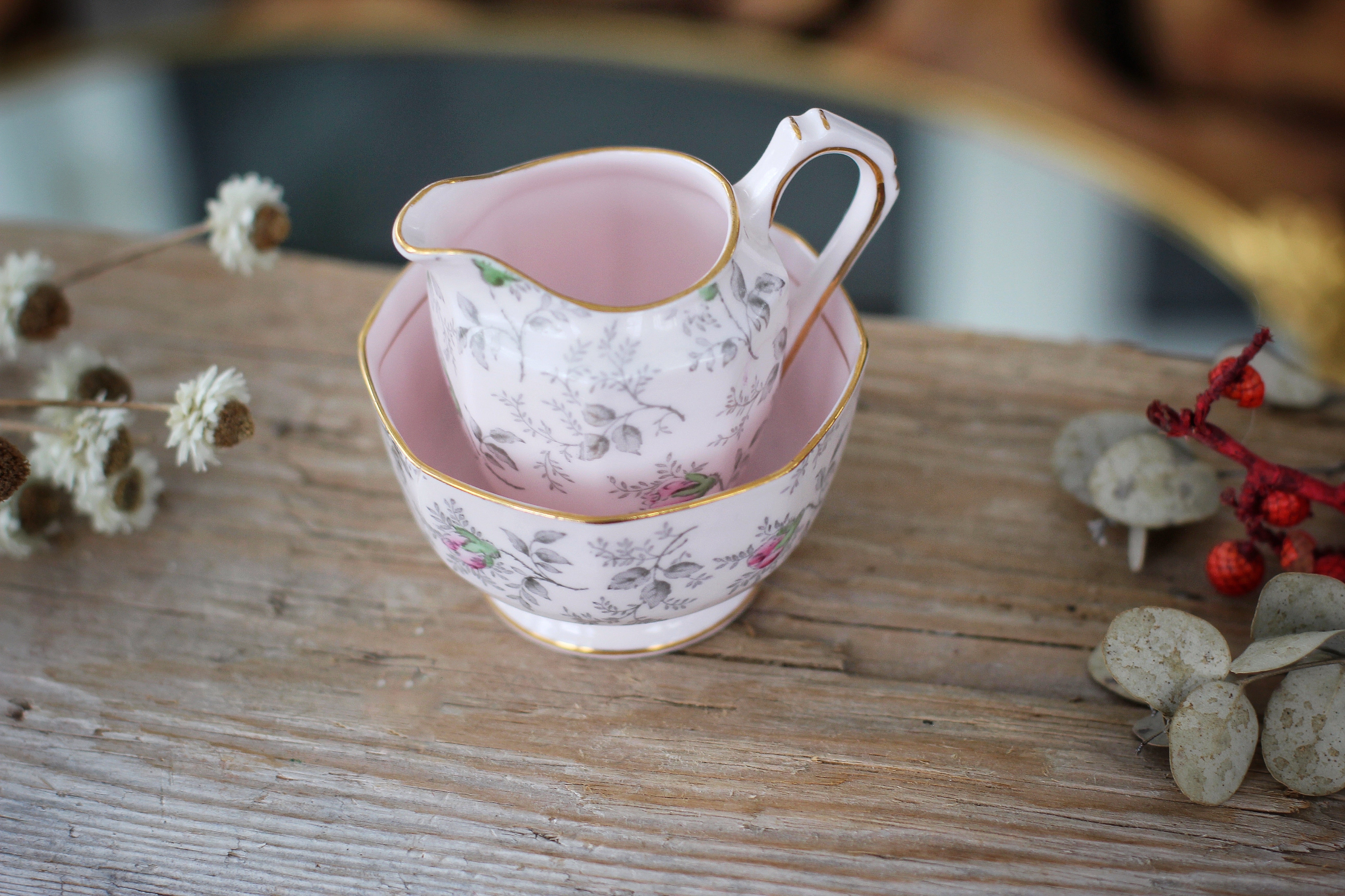 Vintage Pink Floral Tuscan Creamer & Sugar Bowl