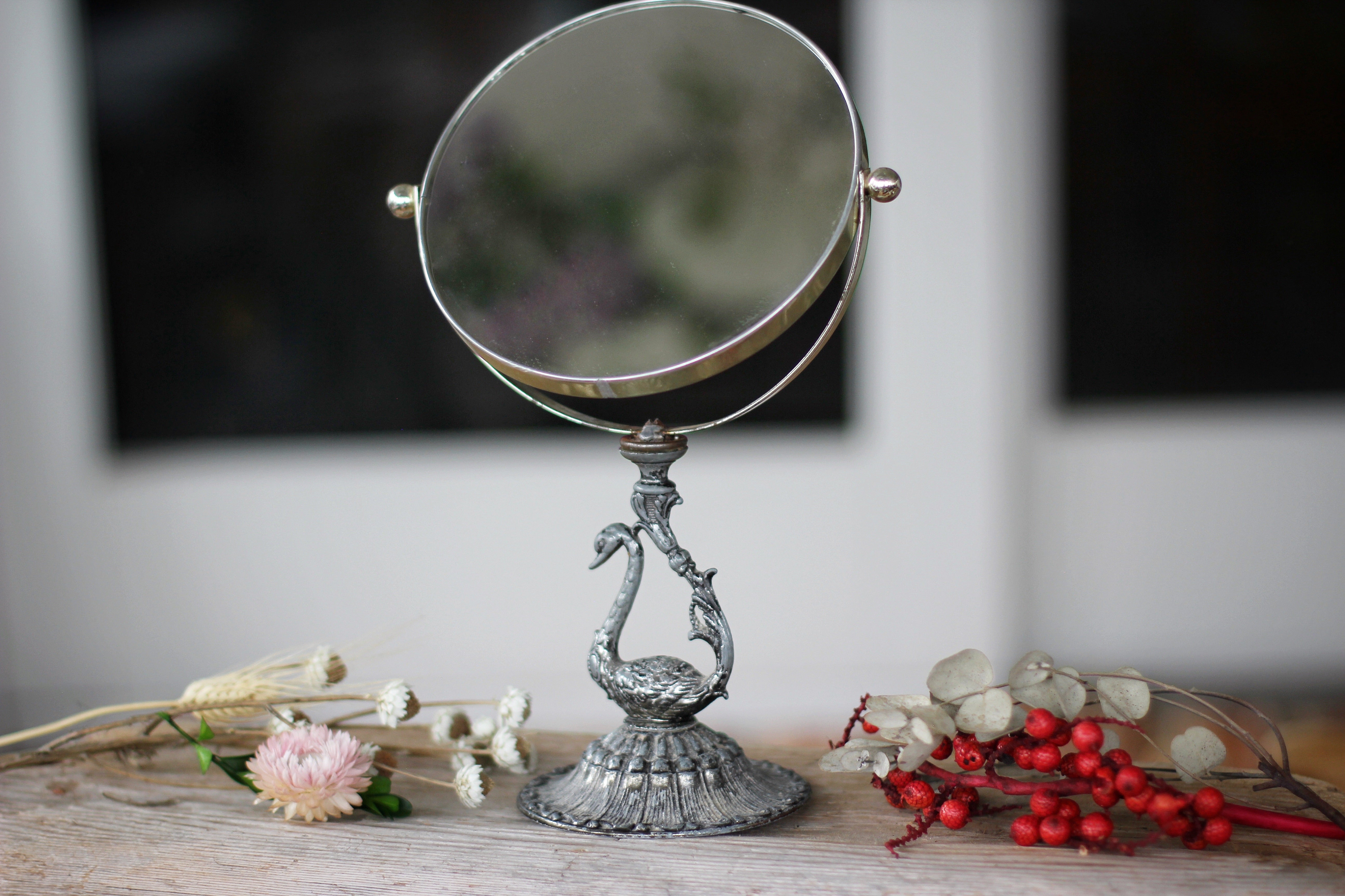 Vintage Silver Bird Vanity Pedestal Mirror on Base 2 Sided Magnifier