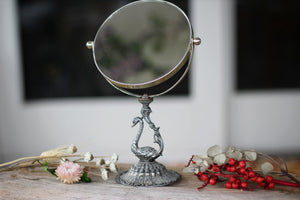 Vintage Silver Bird Vanity Pedestal Mirror on Base 2 Sided Magnifier
