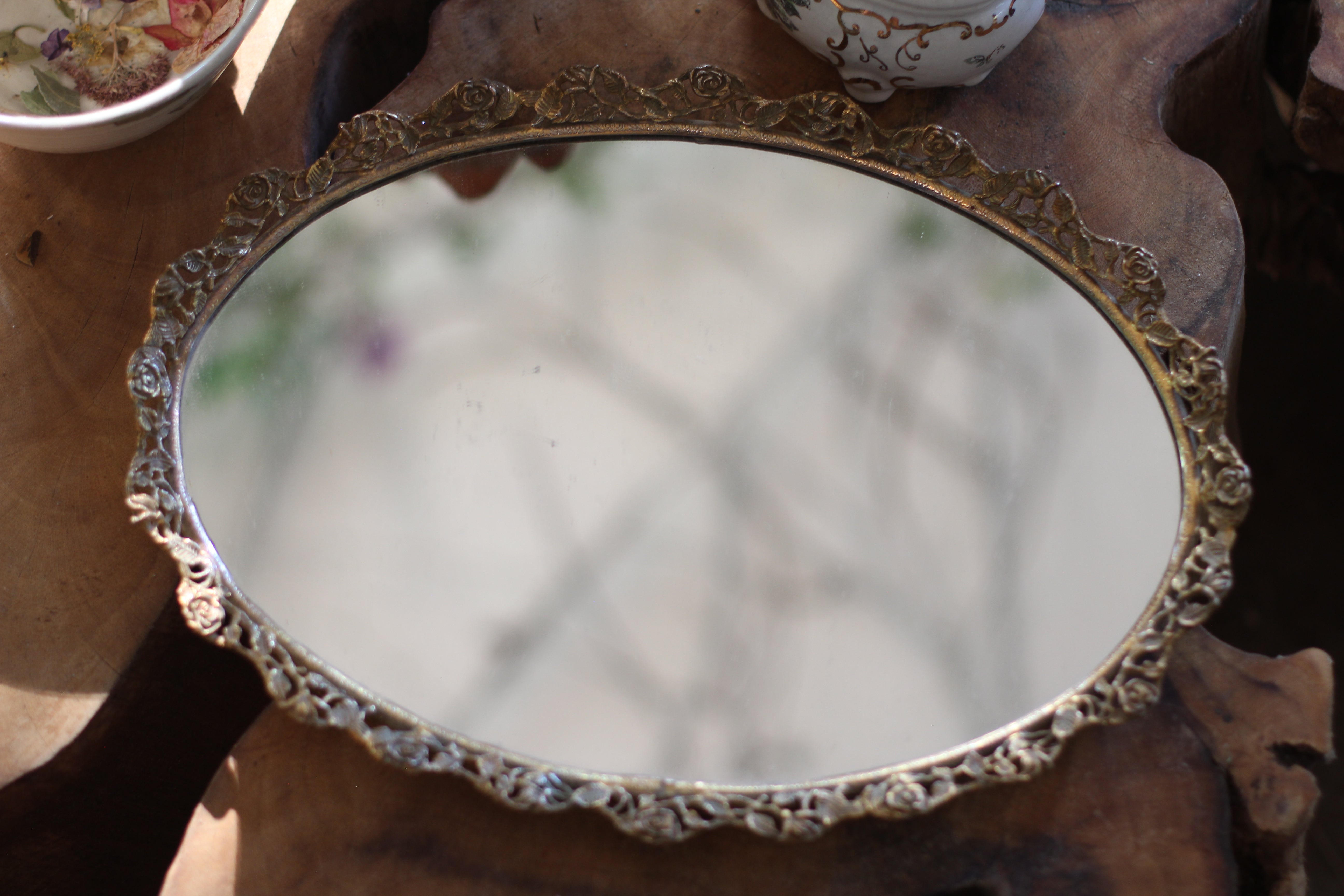 Antique Floral Roses Mirror Tray