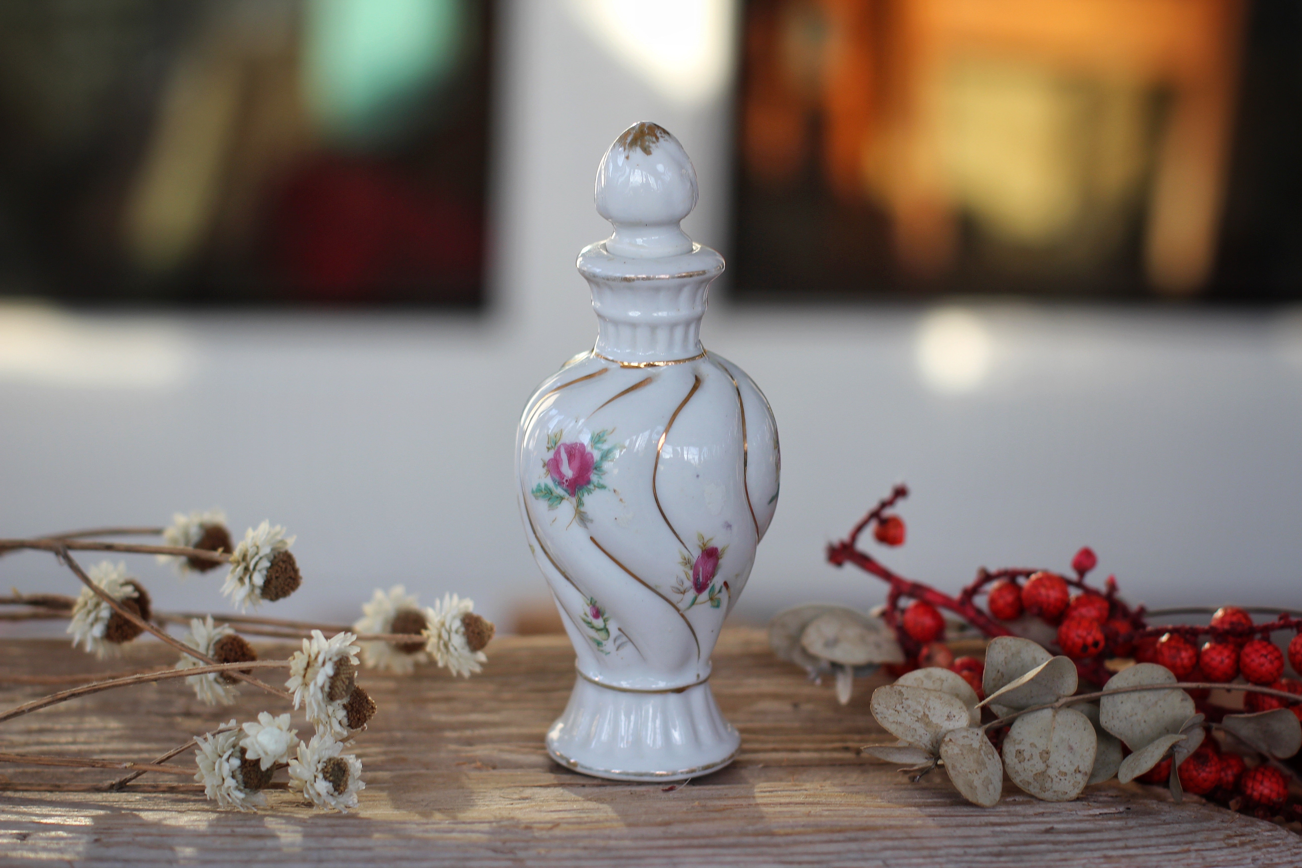 Antique Floral Roses Porcelain Perfume Bottle