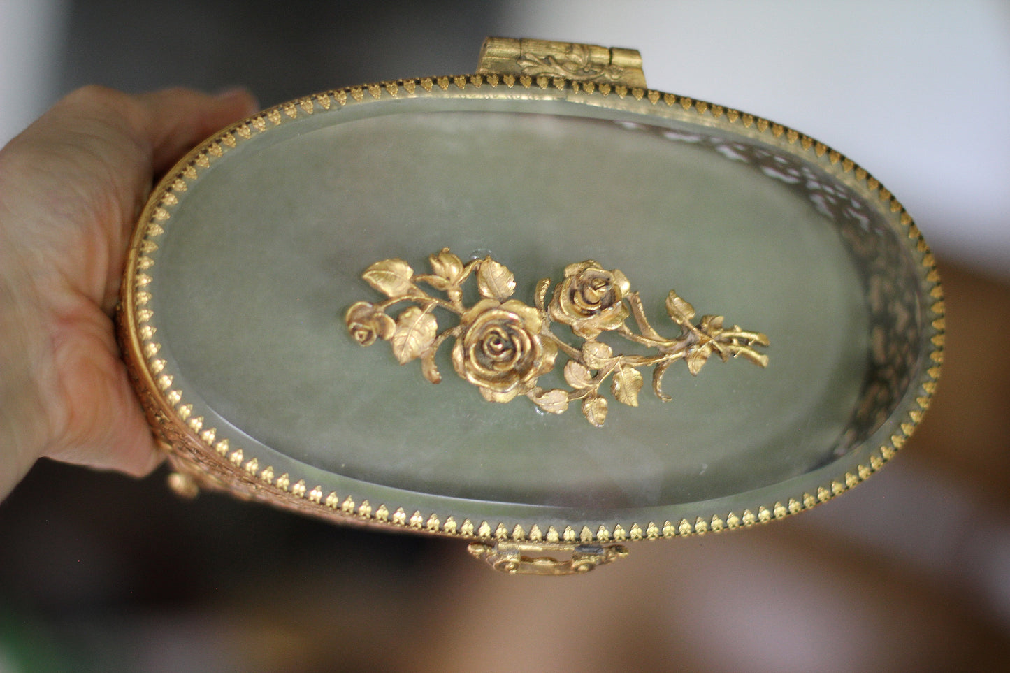 Antique Turquoise Oval Roses Jewelry Box