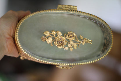 Antique Turquoise Oval Roses Jewelry Box