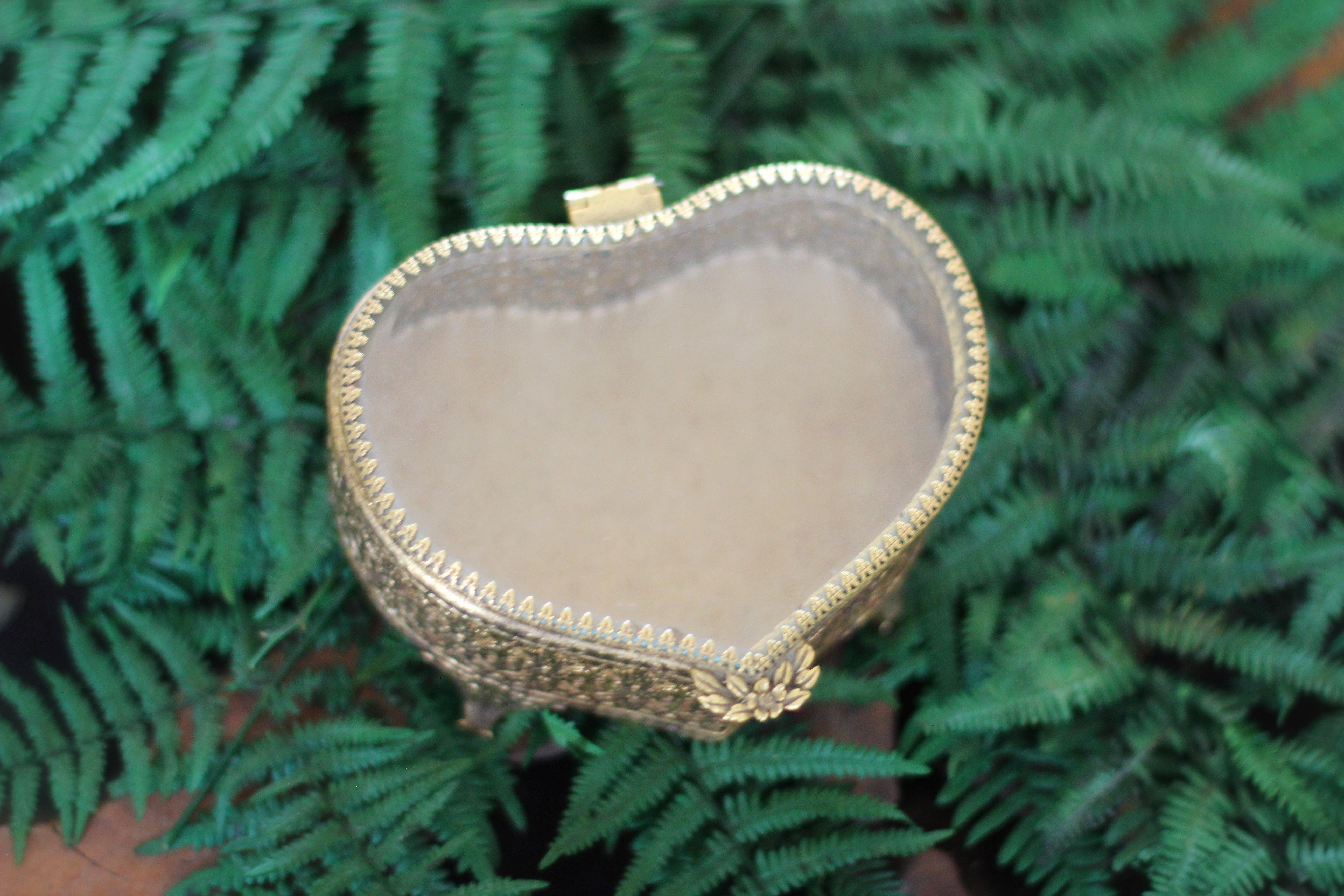 Heart Shaped Antique Ormolu Filigree Jewelry Box #132
