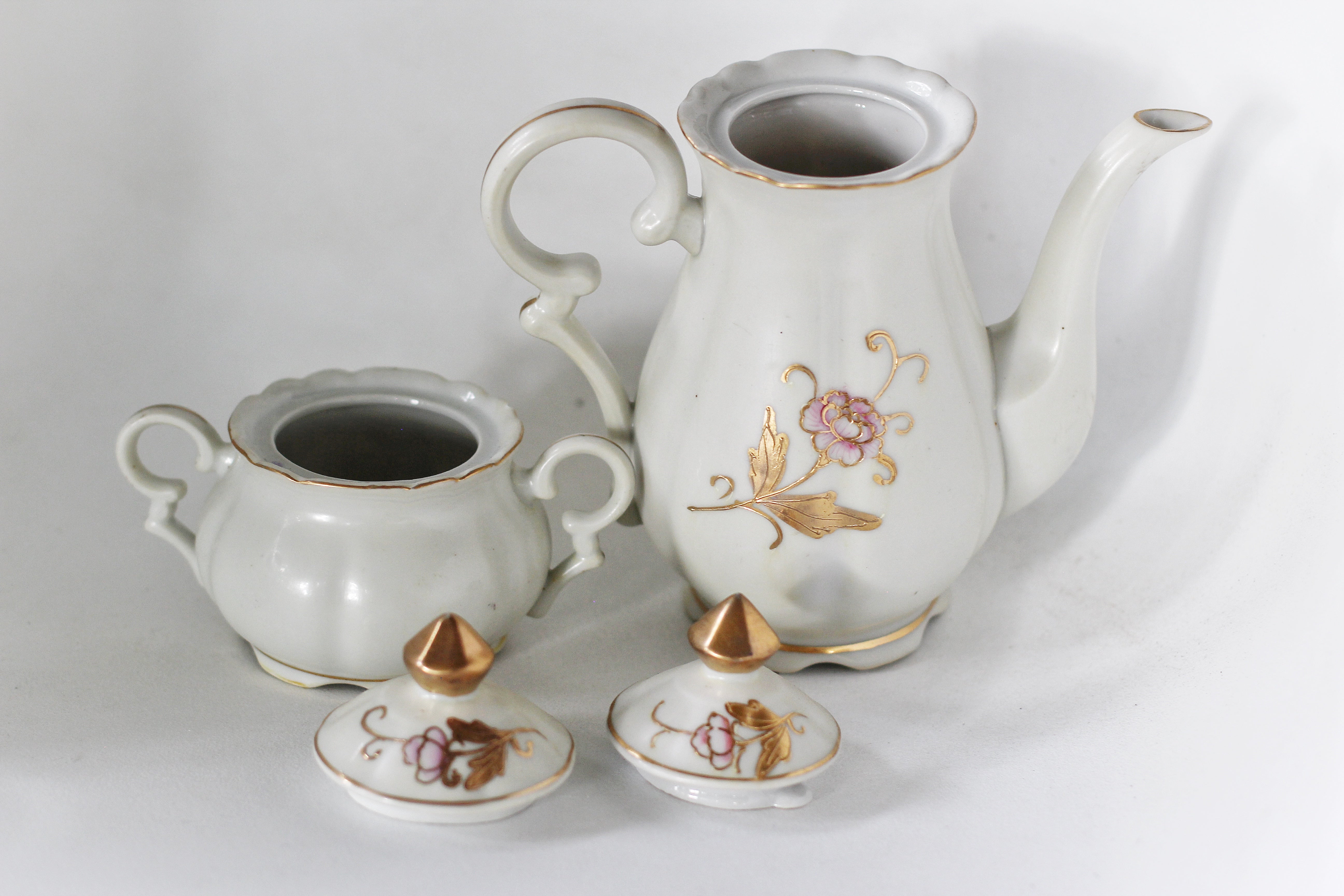 Antique Tea Pot & Sugar Bowl Pink Gold Flowers Tea Cup