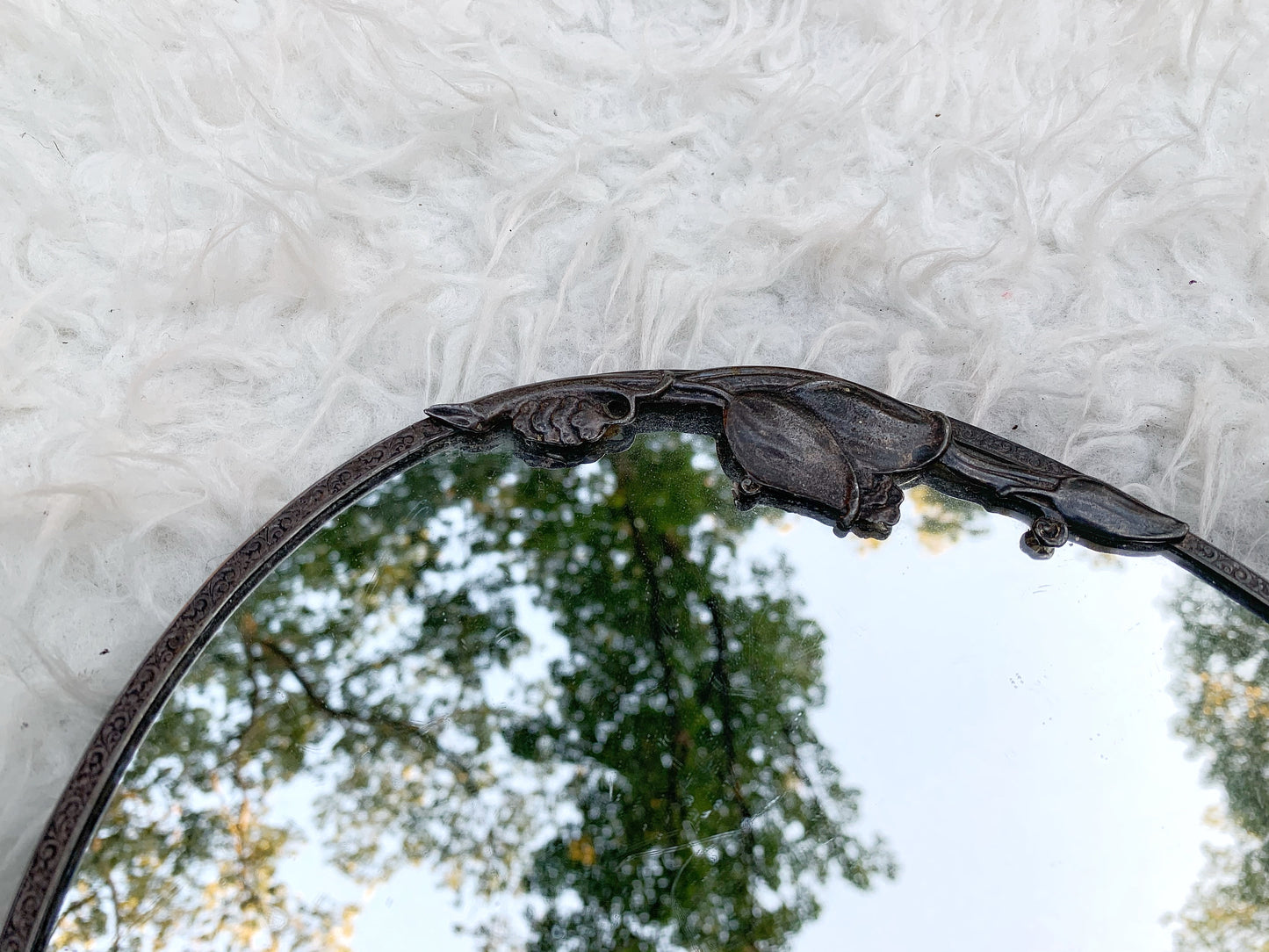 Antique Floral Silver Mirror Tray