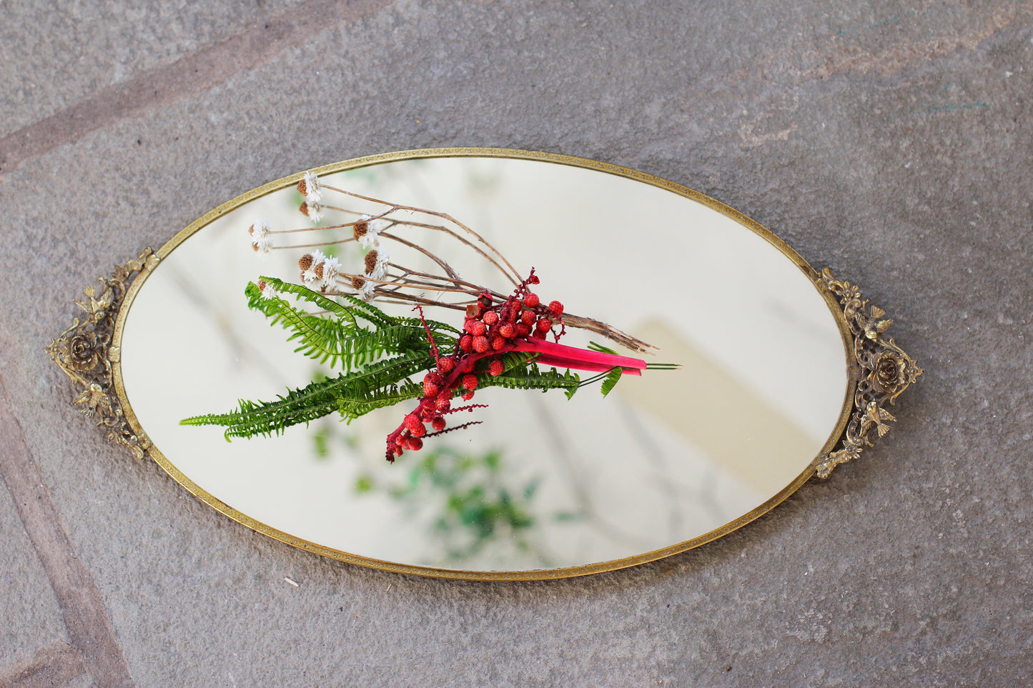 Antique Floral Birds Mirror Tray