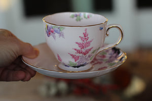 Vintage Pink Flowers Butterfly Tuscan Tea Cup Set