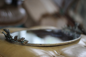 Antique Floral Silver Tone Mirror Tray