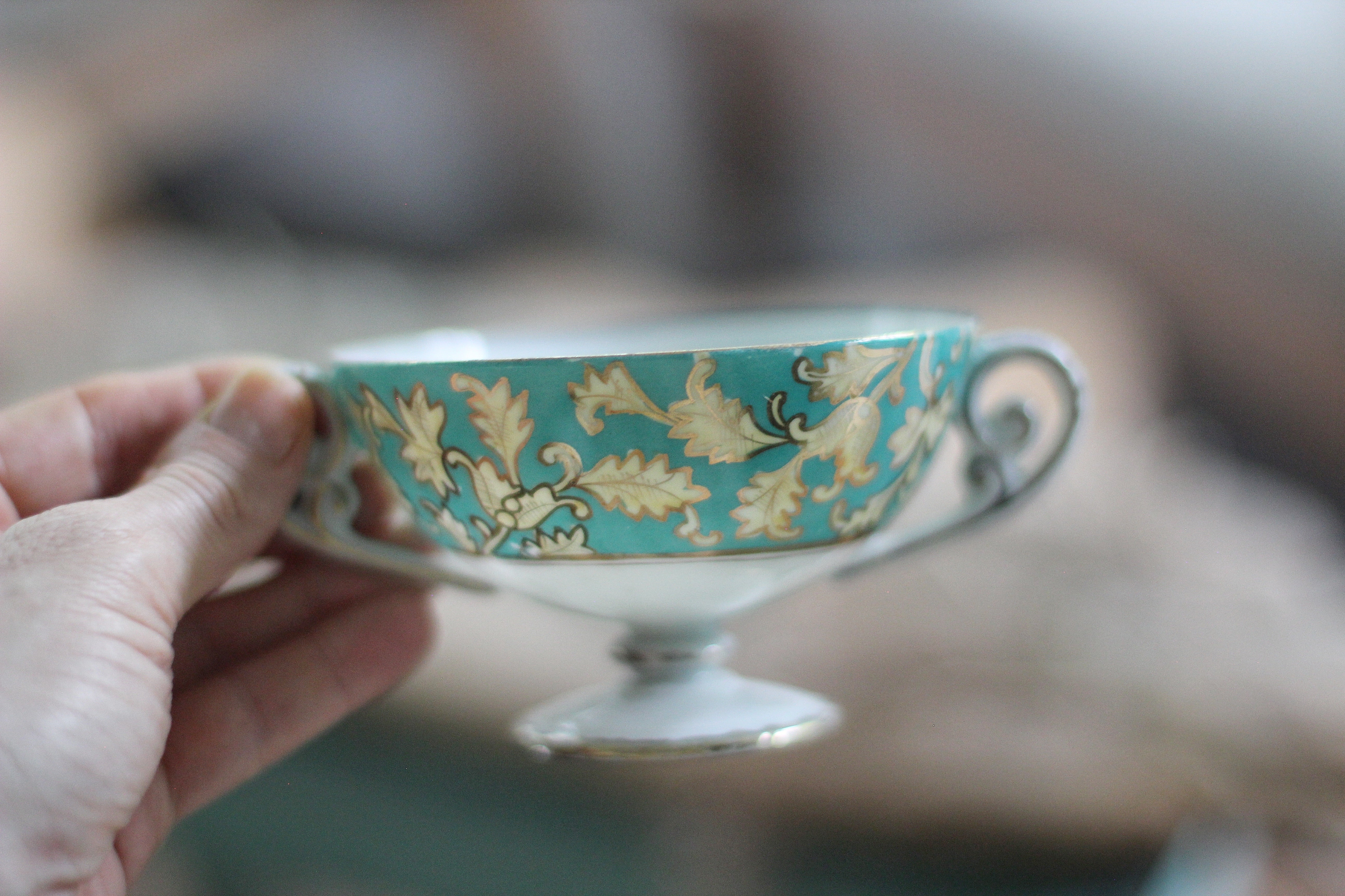 Vintage Turquoise Leaves Porcelain Cup
