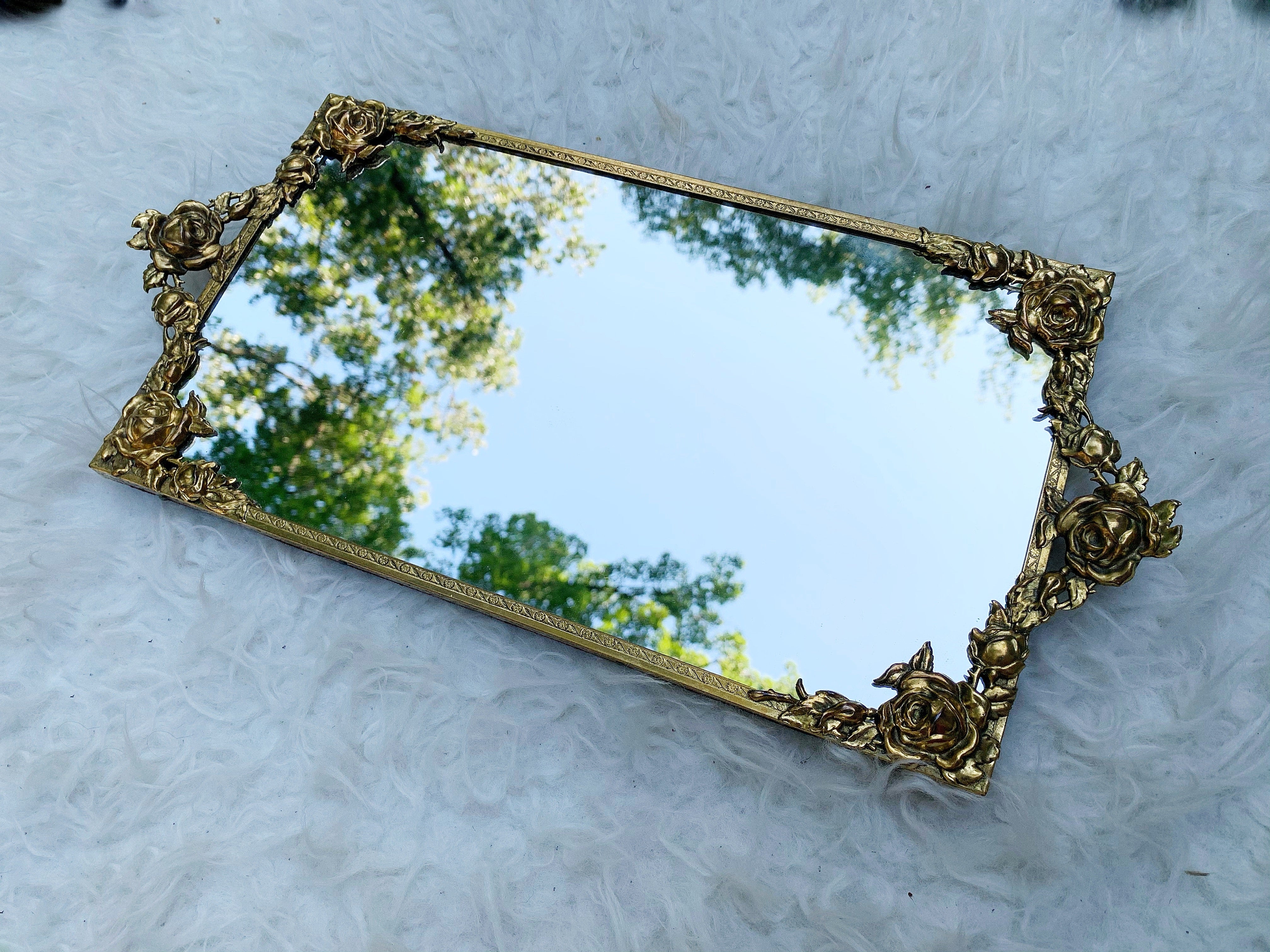 Antique Rectangle Roses Mirror Tray