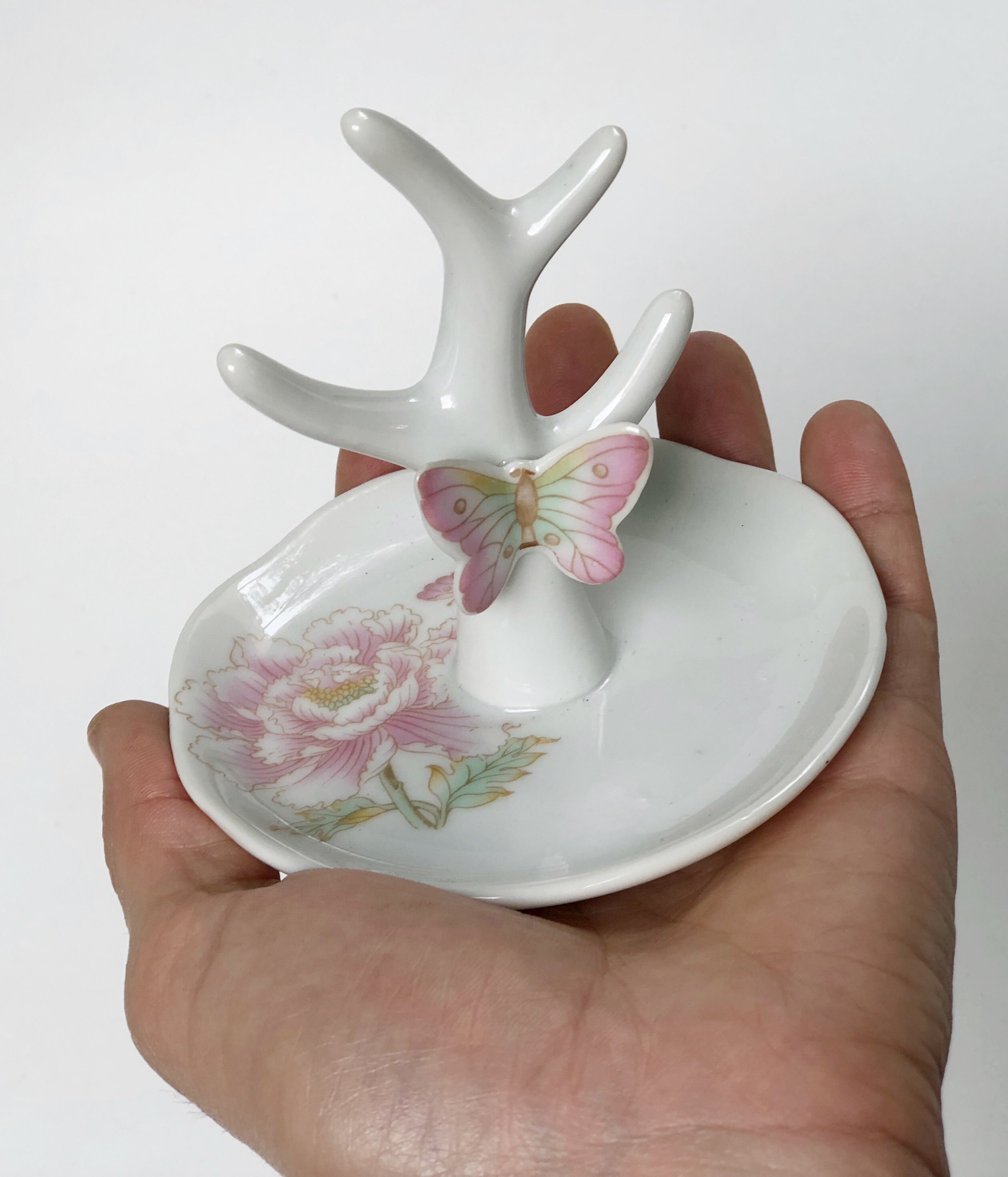 Antique Butterfly Flowers Porcelain Ring Holder