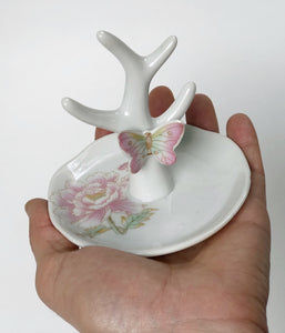 Antique Butterfly Flowers Porcelain Ring Holder