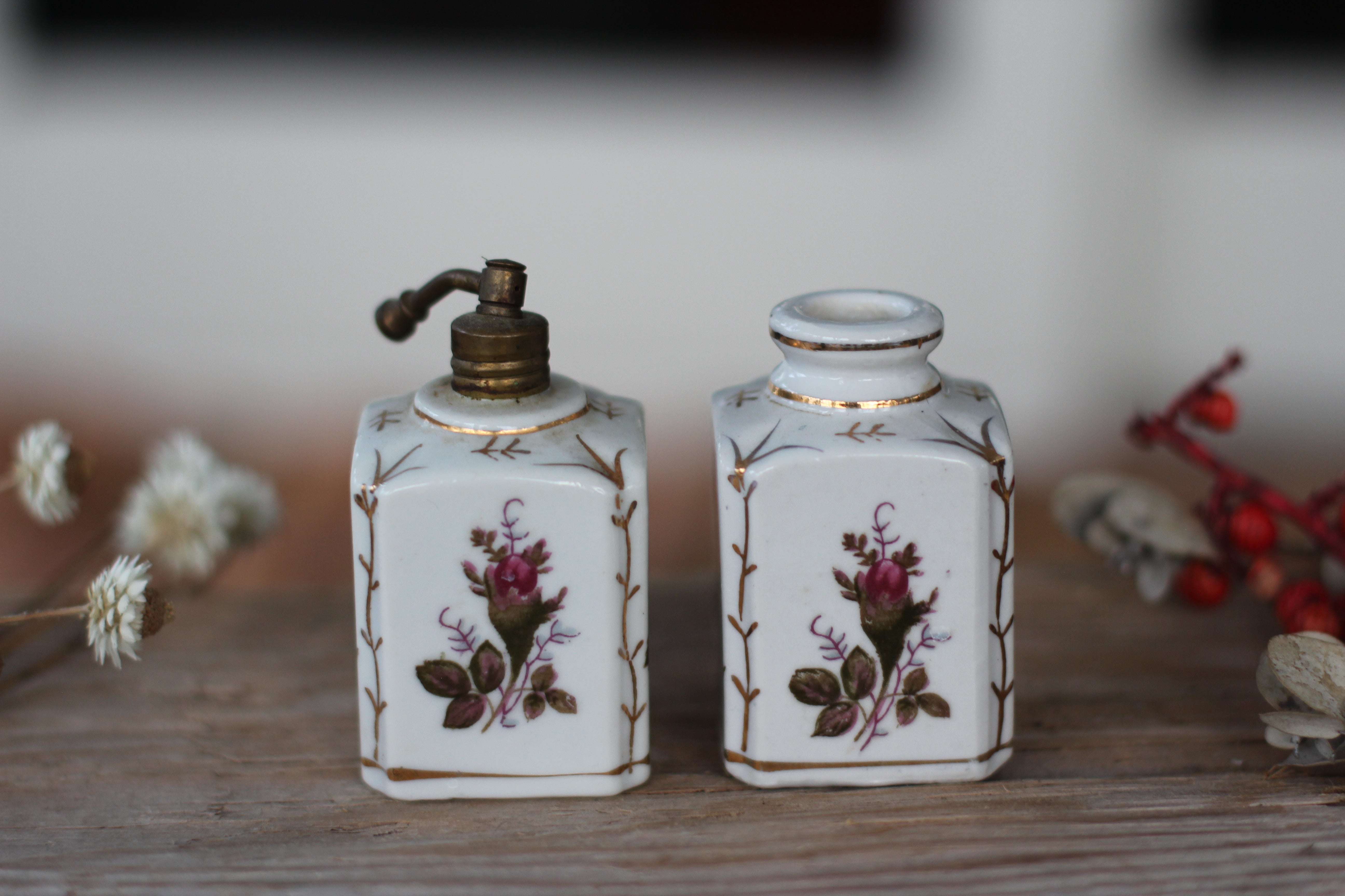 Antique Hand Painted Floral Roses Bottle Set