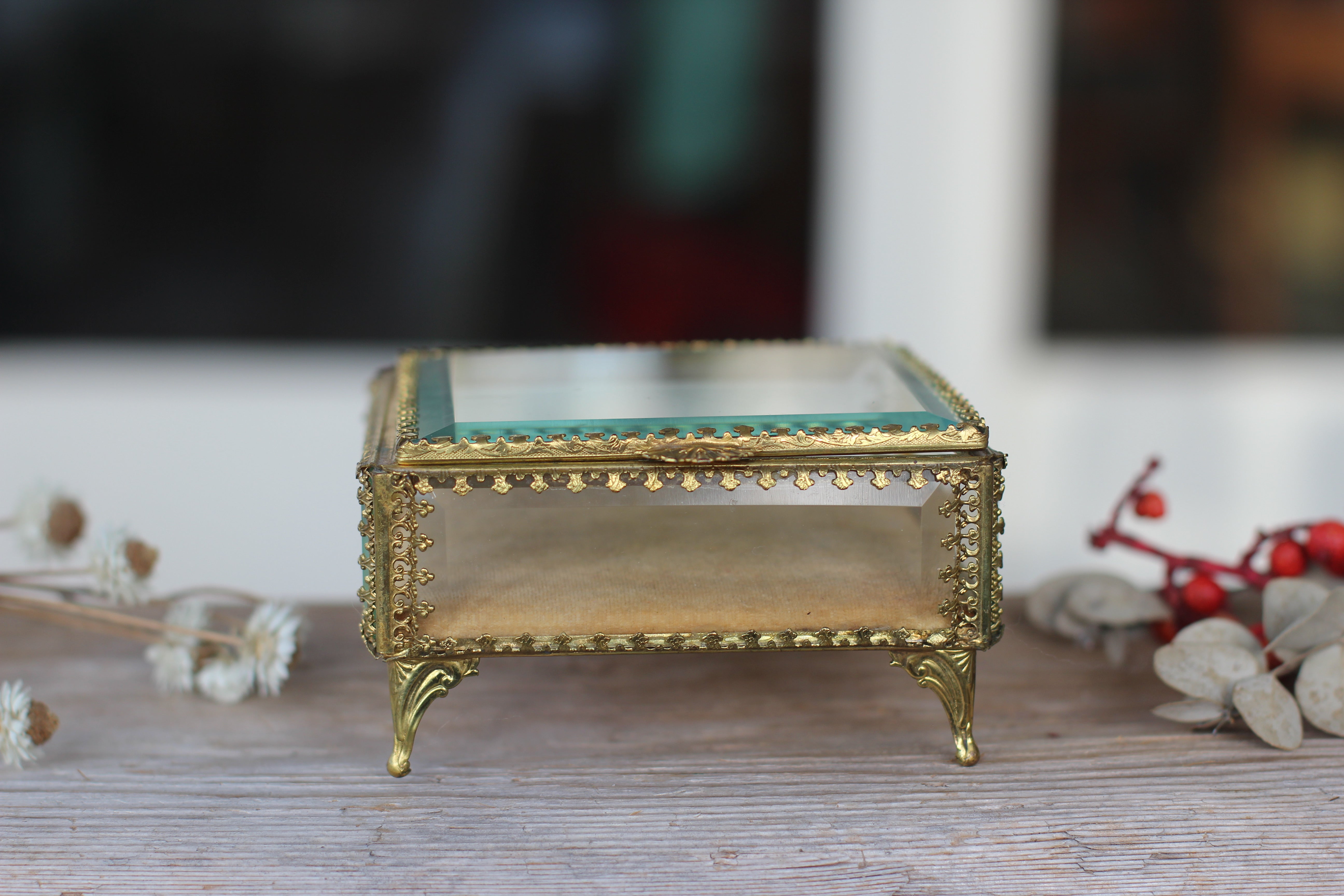 Vintage Ormolu Square Glass Jewelry Box