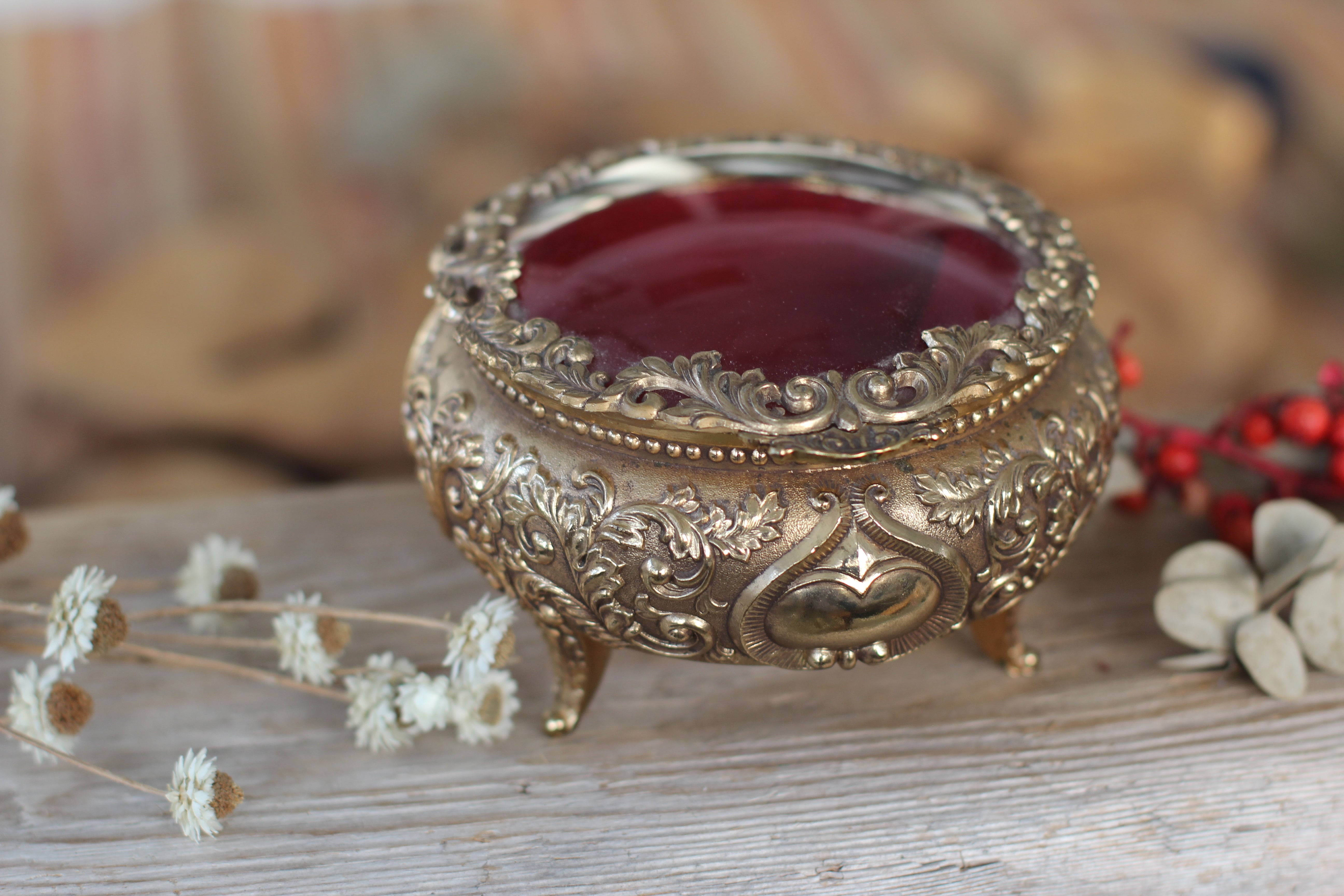 Antique Rounded Bronze Glass Jewelry Box
