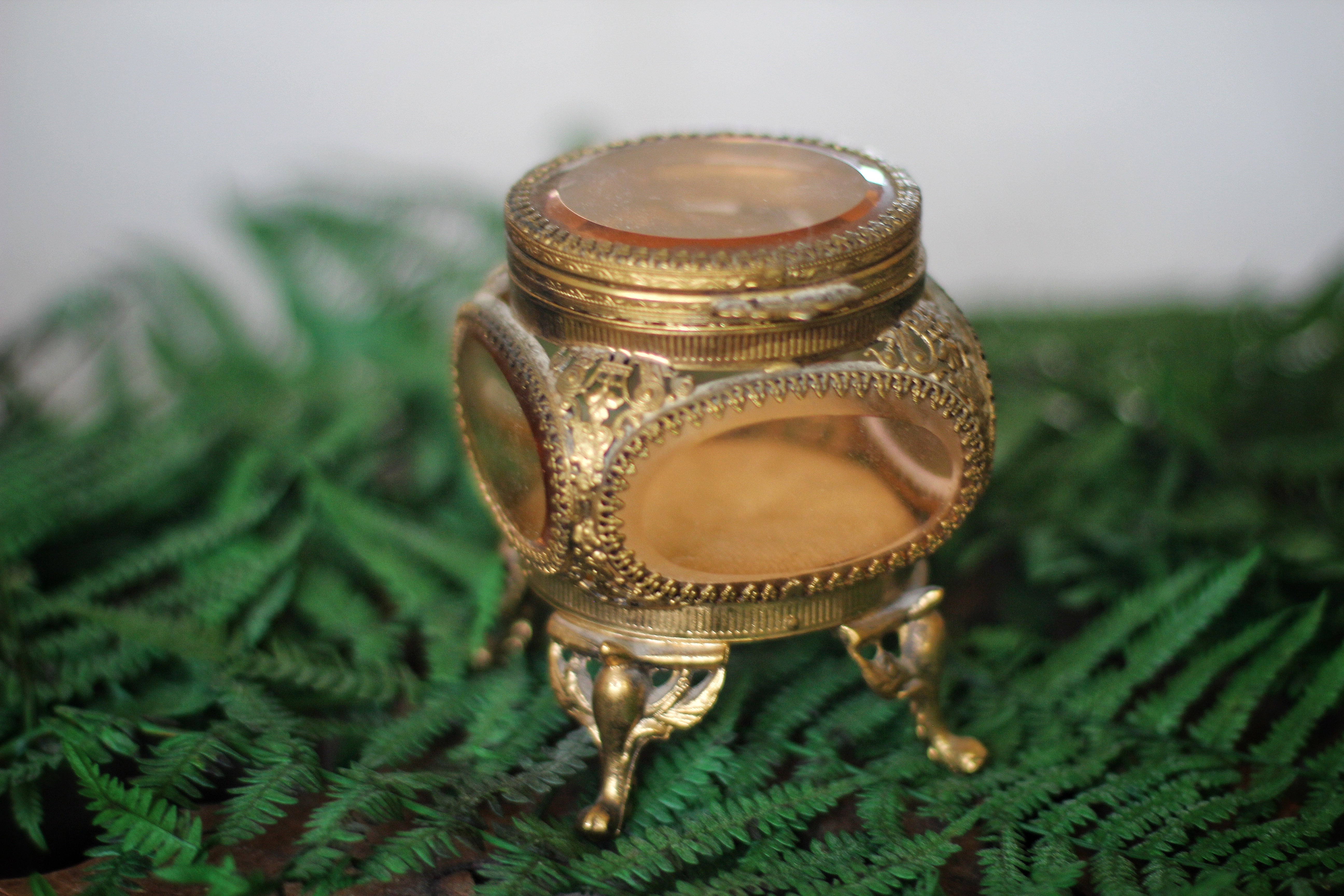 Antique Amber Tinted Glass Pedestal Jewelry Box