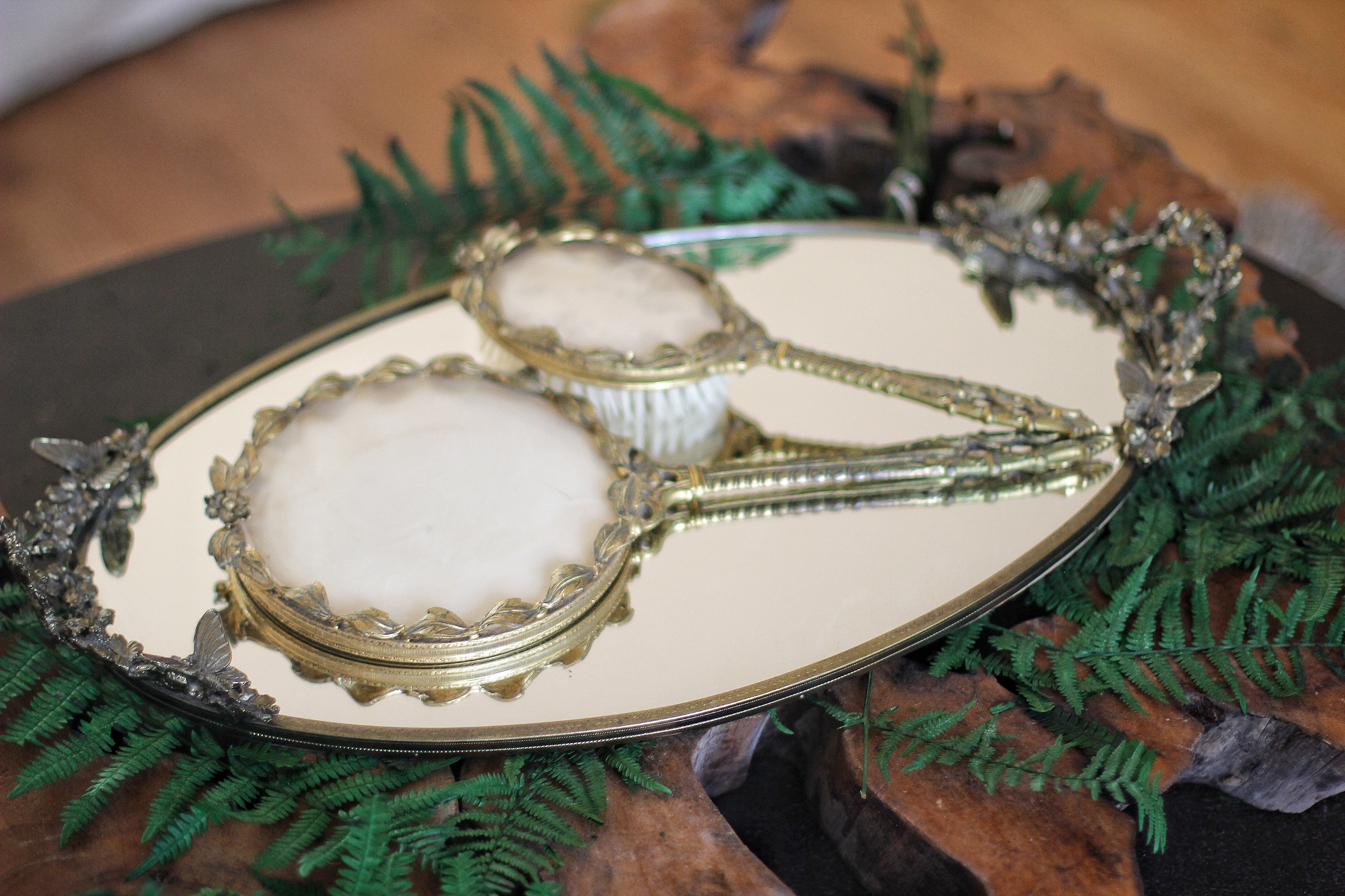 Antique Floral Butterfly Dogwood Mirror Tray