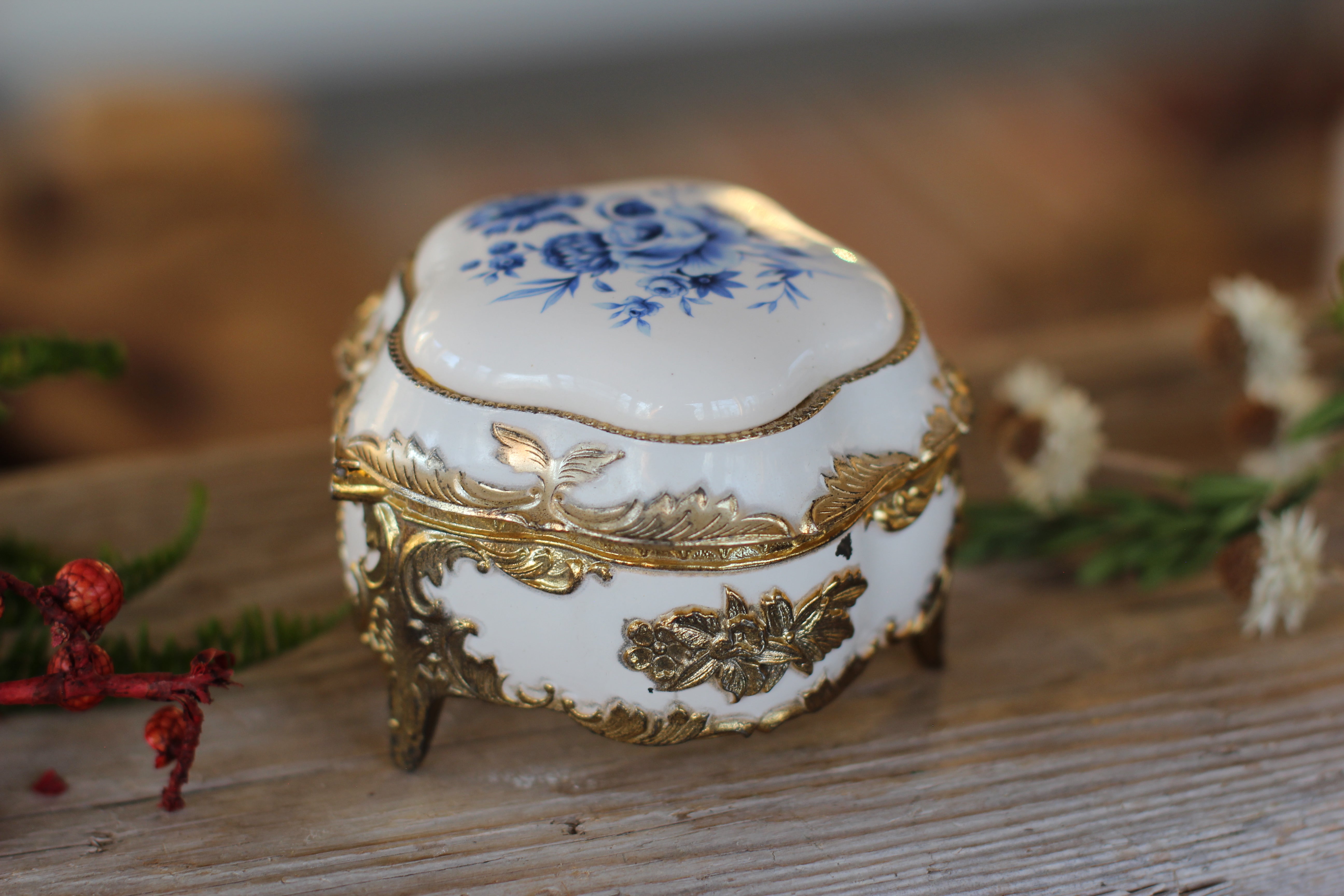 Antique Blue Flowers Jewelry Box