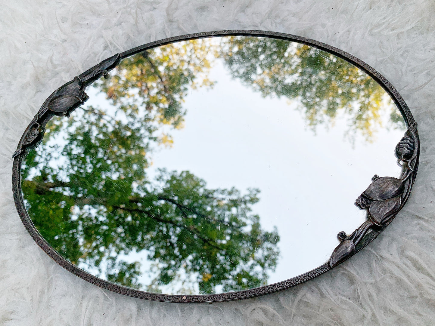 Antique Floral Silver Mirror Tray