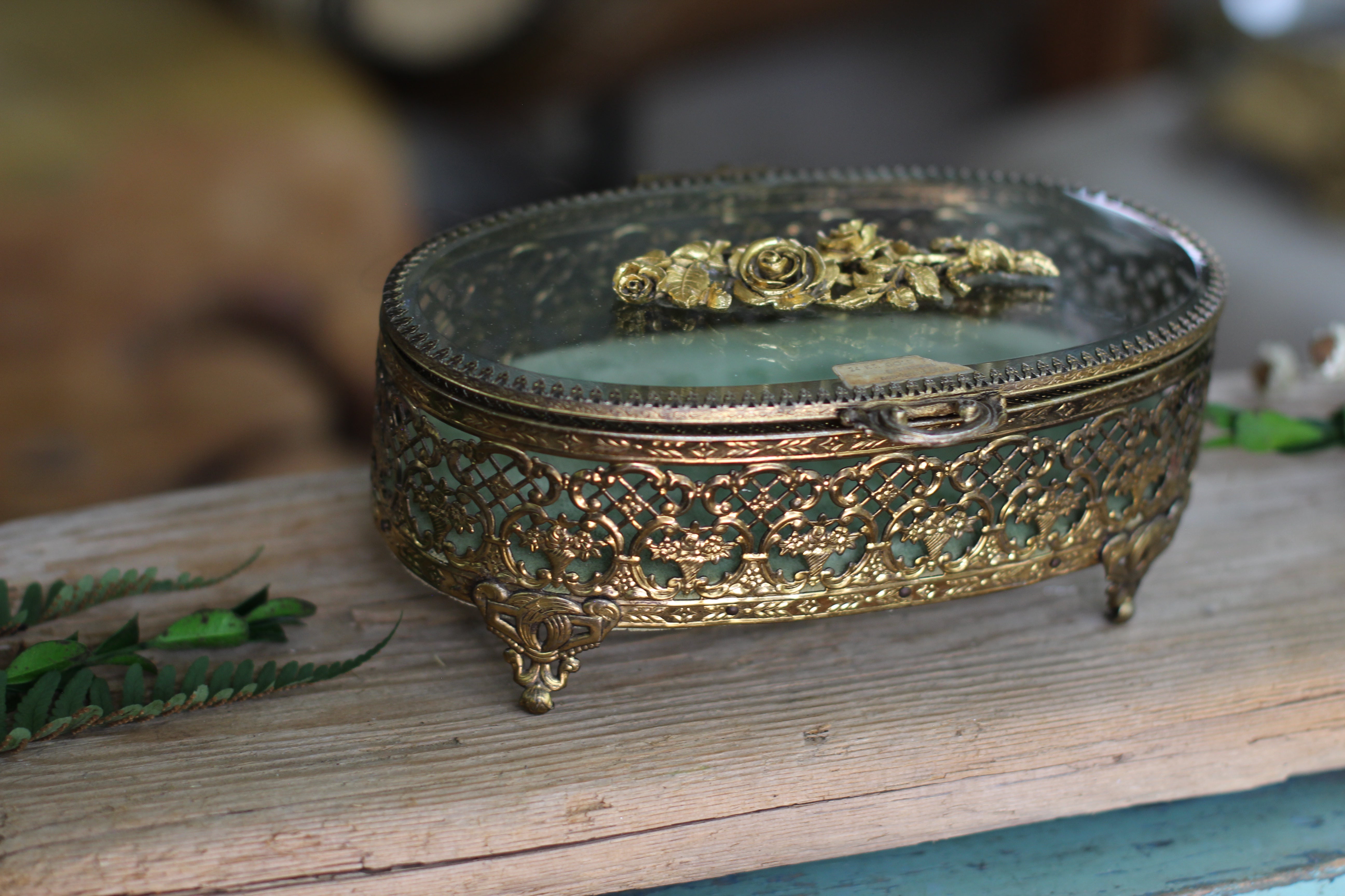 Antique Turquoise Oval Roses Jewelry Box