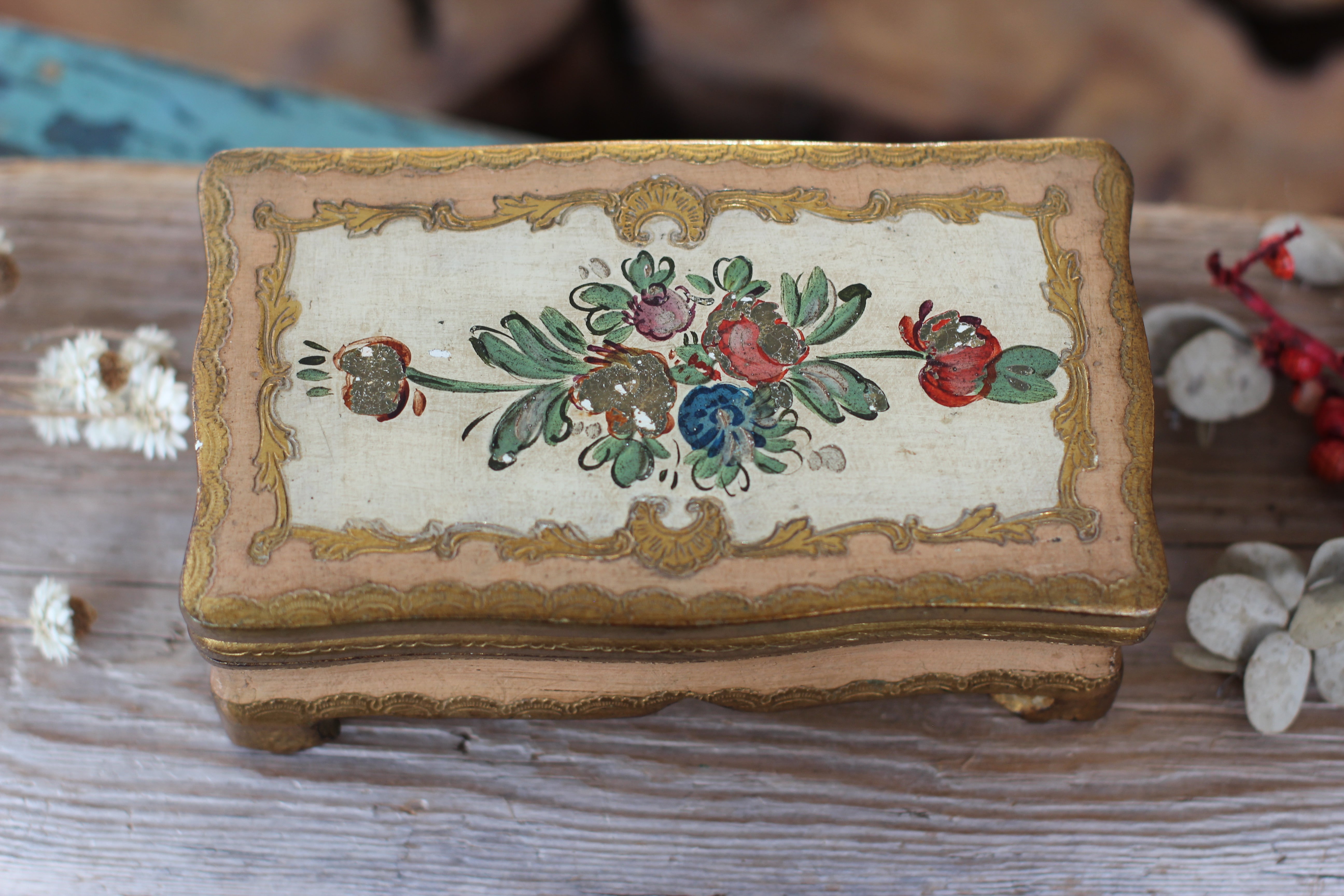Vintage Florentine Hand Painted Floral Wood Jewelry Box