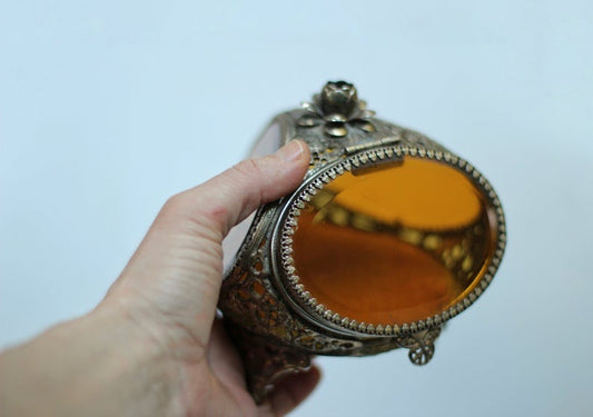 Antique Rare Floral French Victorian Amber Glass Jewelry Box