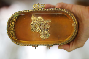 Vintage Amber Glass Bird Dogwood Jewelry Casket