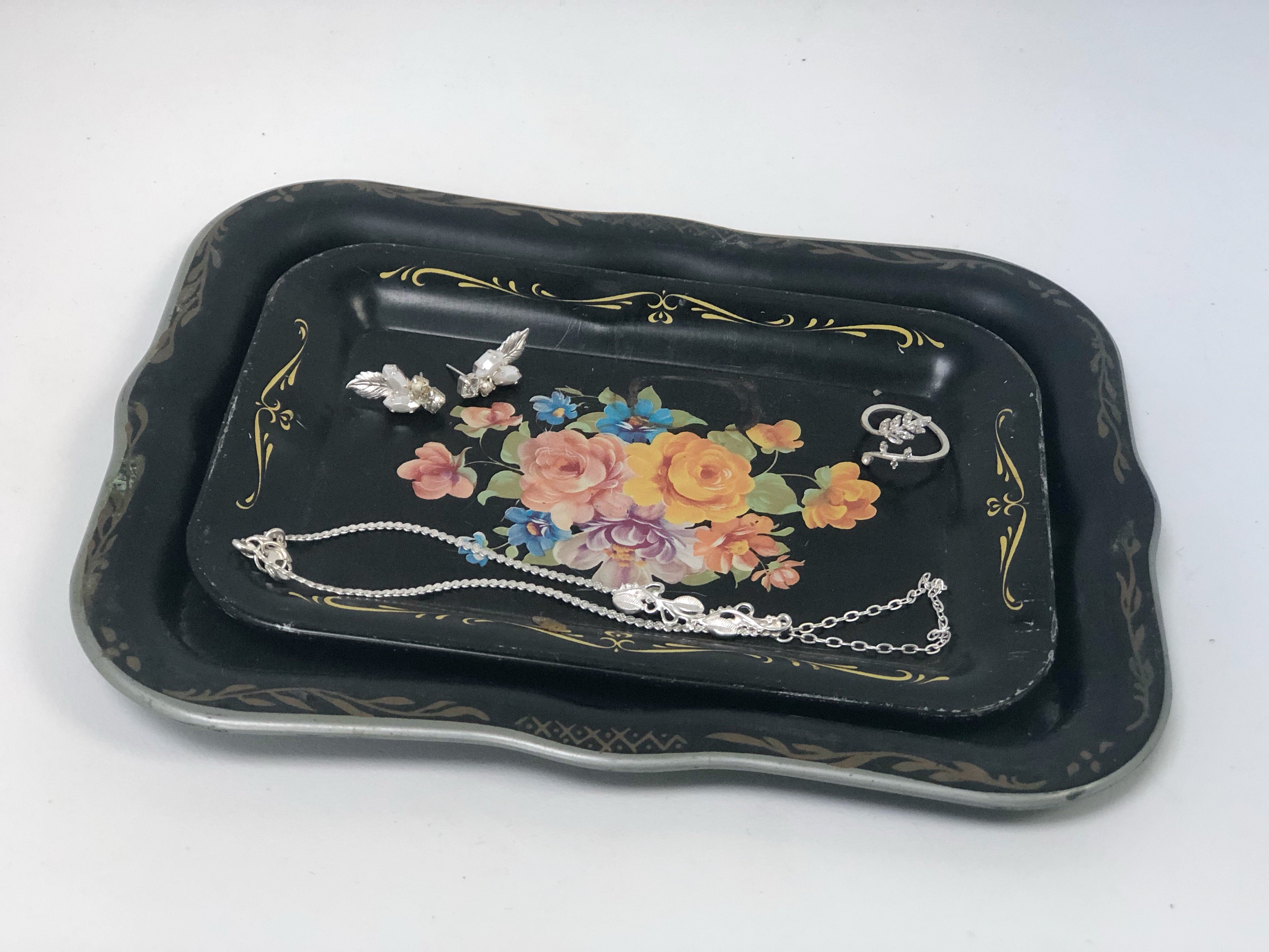 Antique Black Floral Tray Set