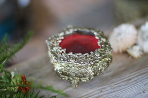 Antique Bronze Glass Red Velvet Jewelry Box
