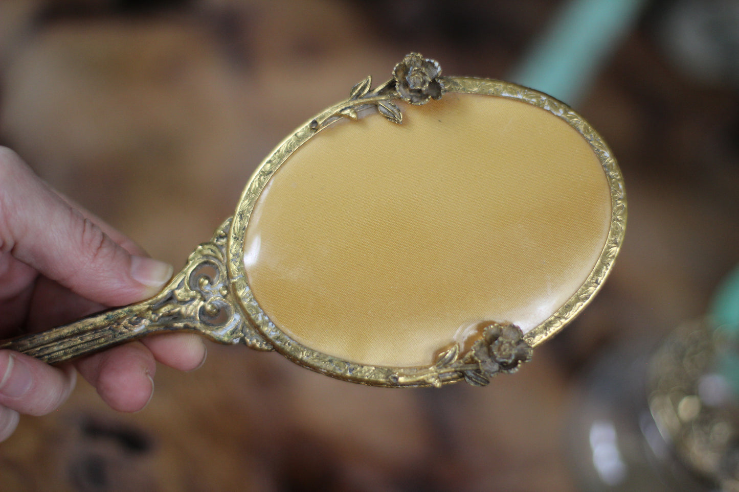 Antique Small Floral Hand Mirror